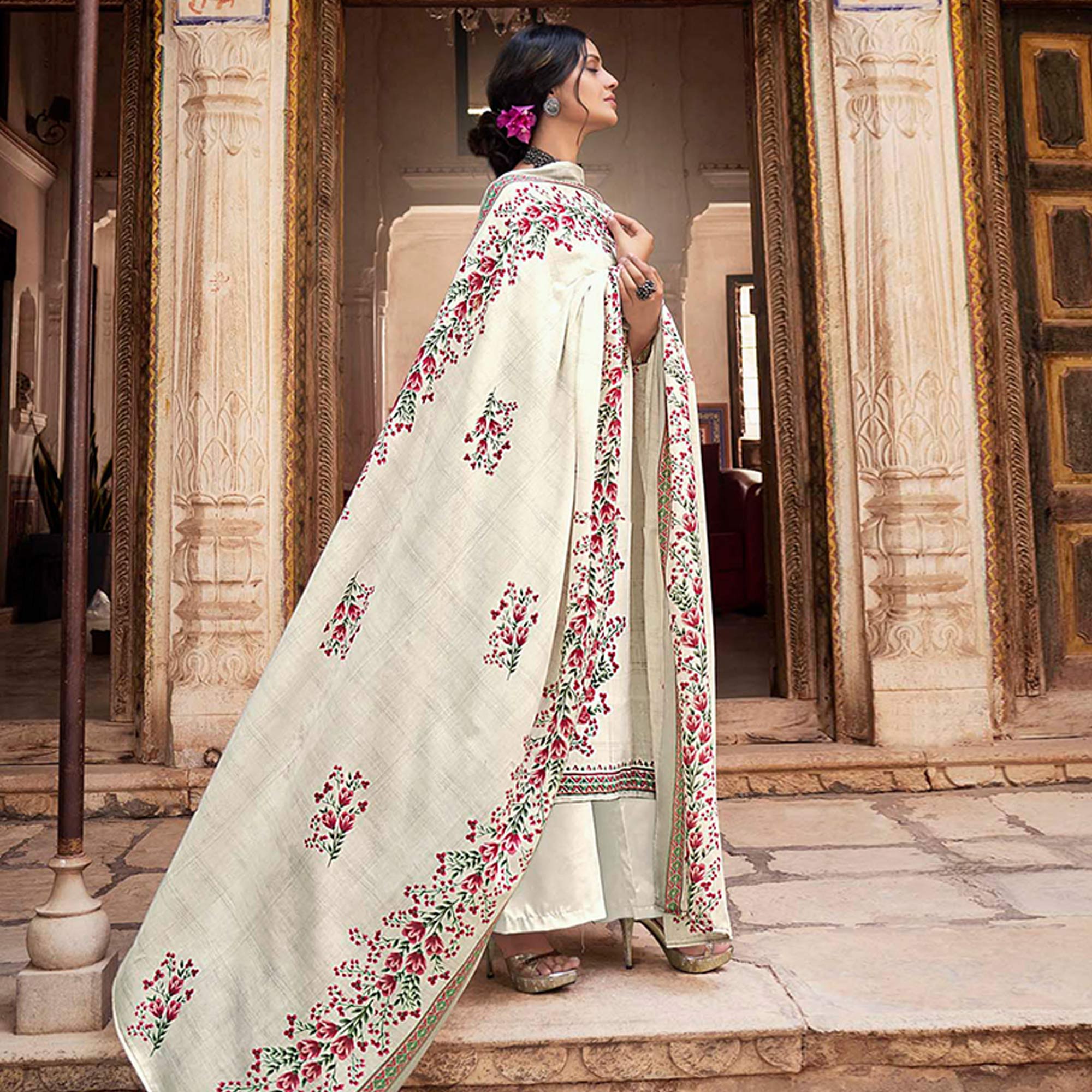 Offwhite Floral Printed With Embroidered Pure Cotton Palazzo Suit