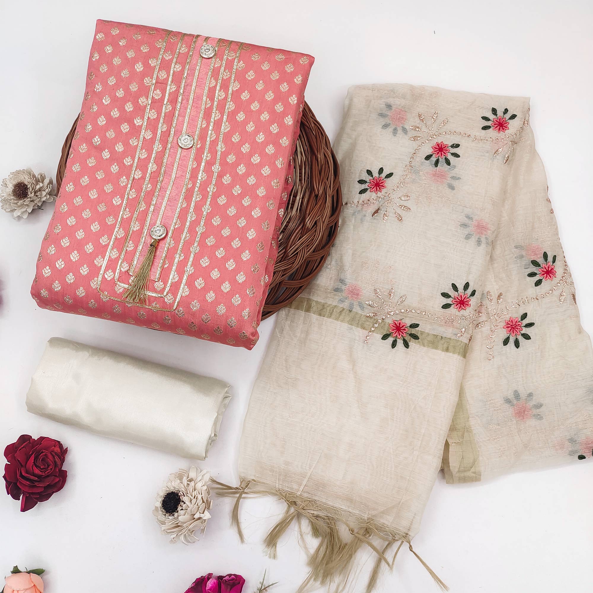 Peach Woven Chanderi Dress Material