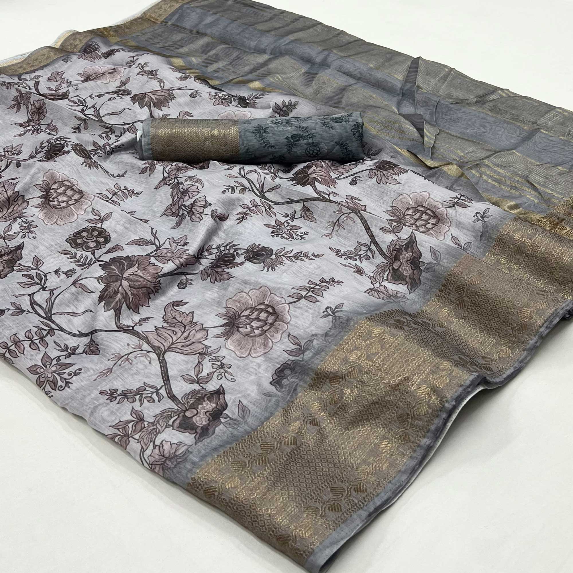 Grey Floral Digital Printed Pure Cotton Saree