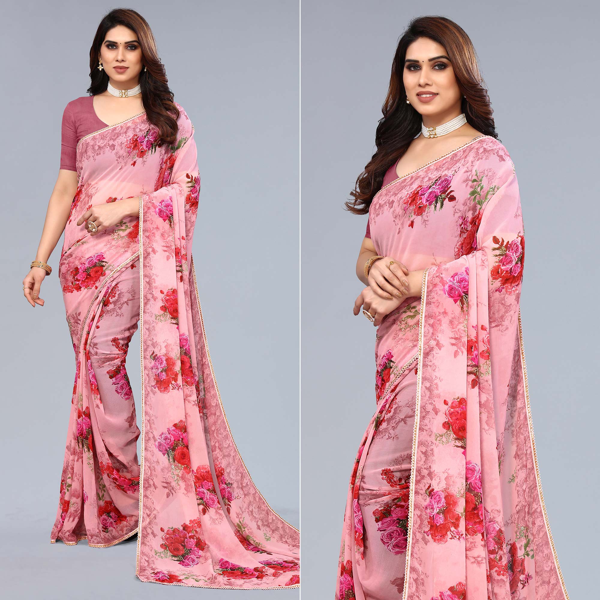 Pink Floral Printed Georgette Saree