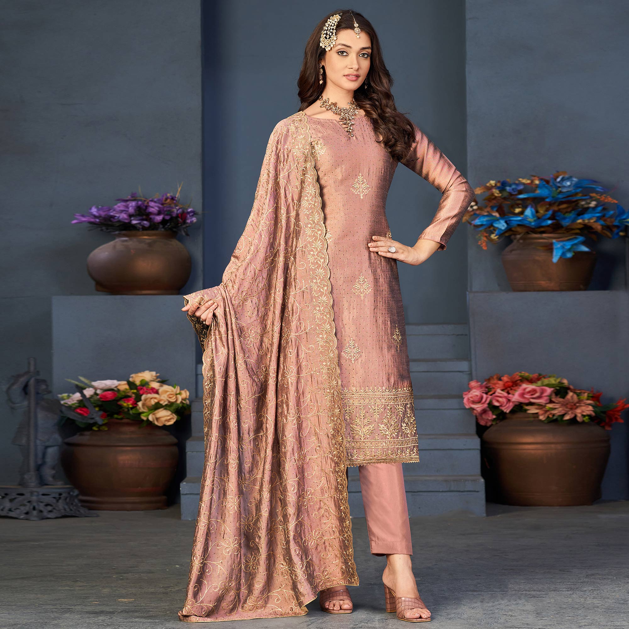 Peach Sequins Embroidered Vichitra Silk Suit