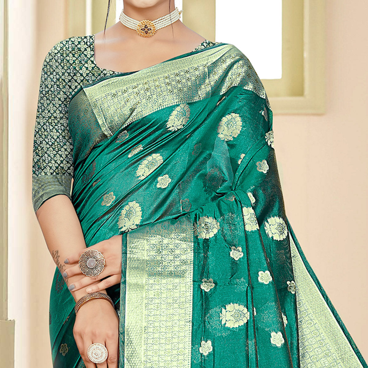 Green Floral Woven Organza Saree