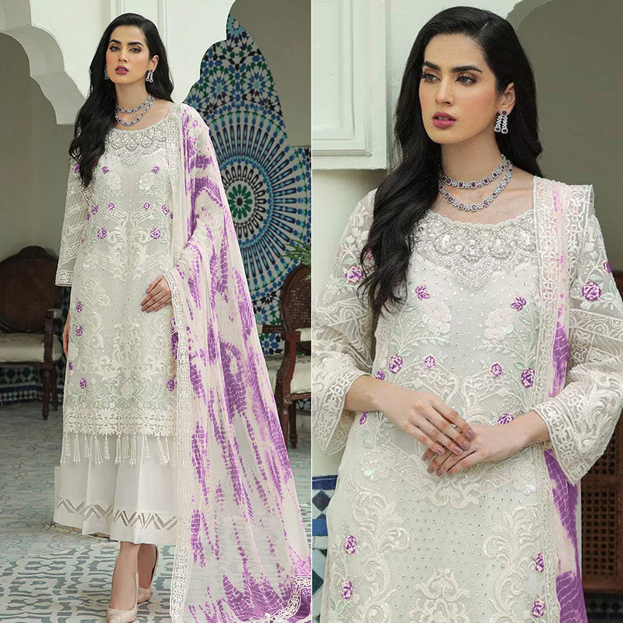 White Sequins Embroidered Georgette Pakistani Suit