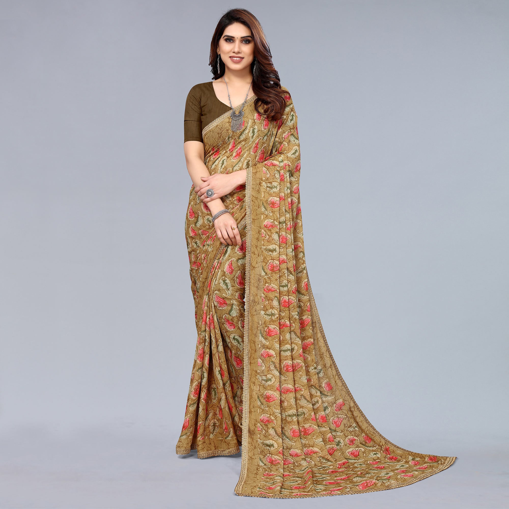 Beige Printed Georgette Saree With Crochet Border