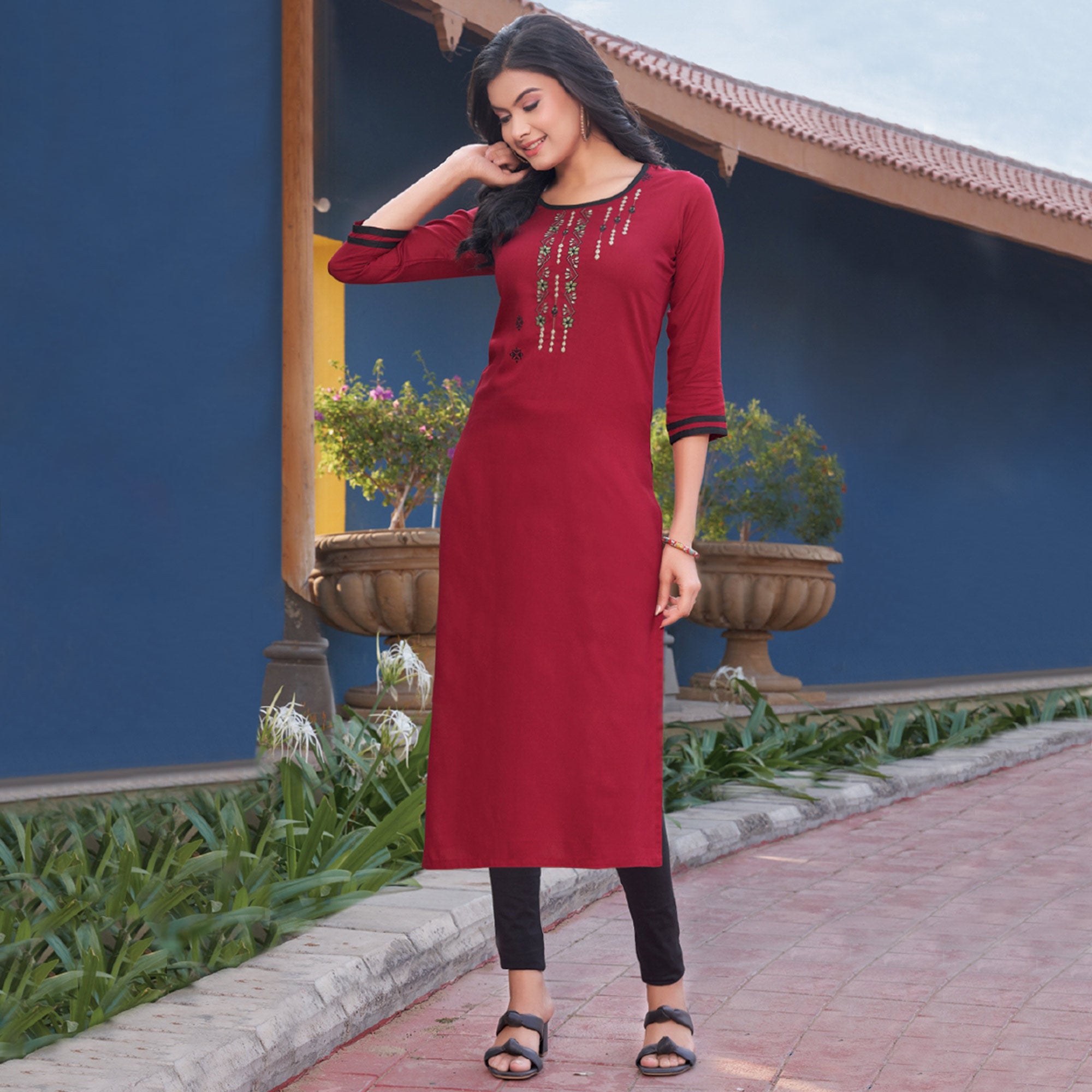 Maroon Embroidered Rayon Kurti