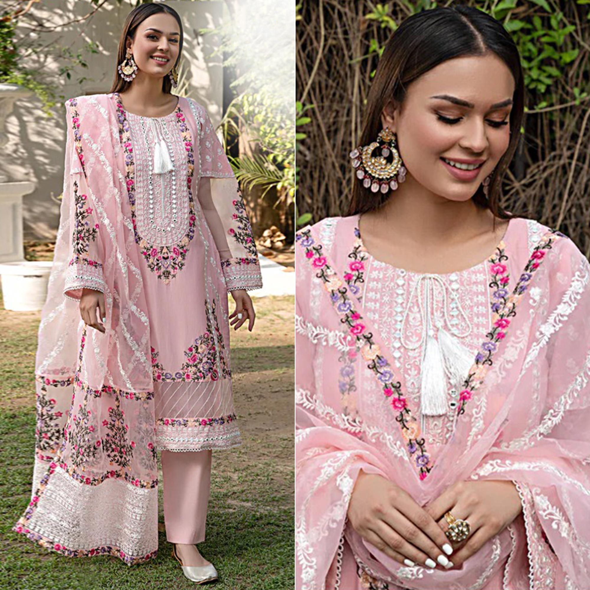 Pink Floral Embroidered Georgette Palazzo Suit