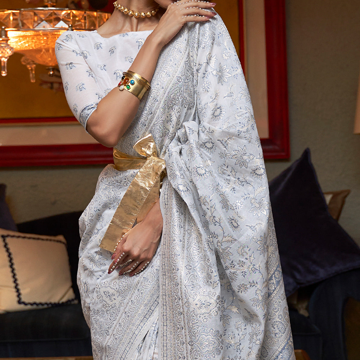 Off White Floral Woven Modal Saree With Tassels