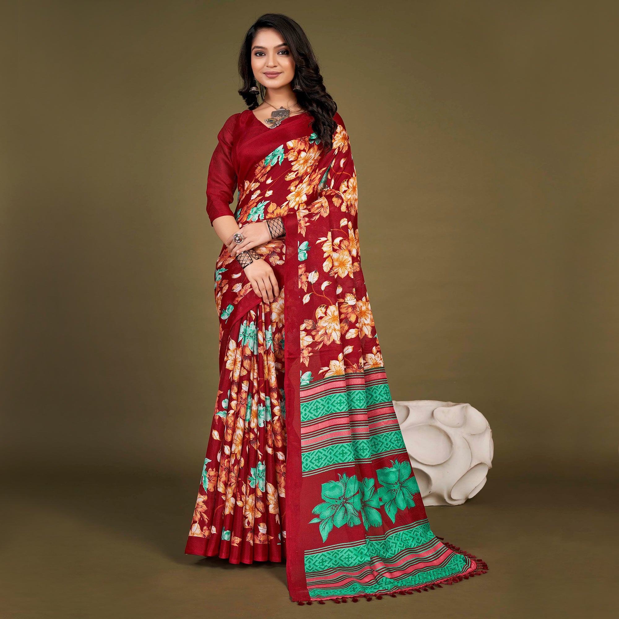 Red Floral Printed Jute Saree With Tassels