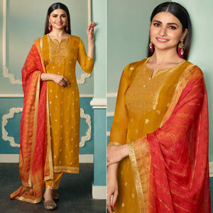 Mustard Floral Woven Organza Salwar Suit