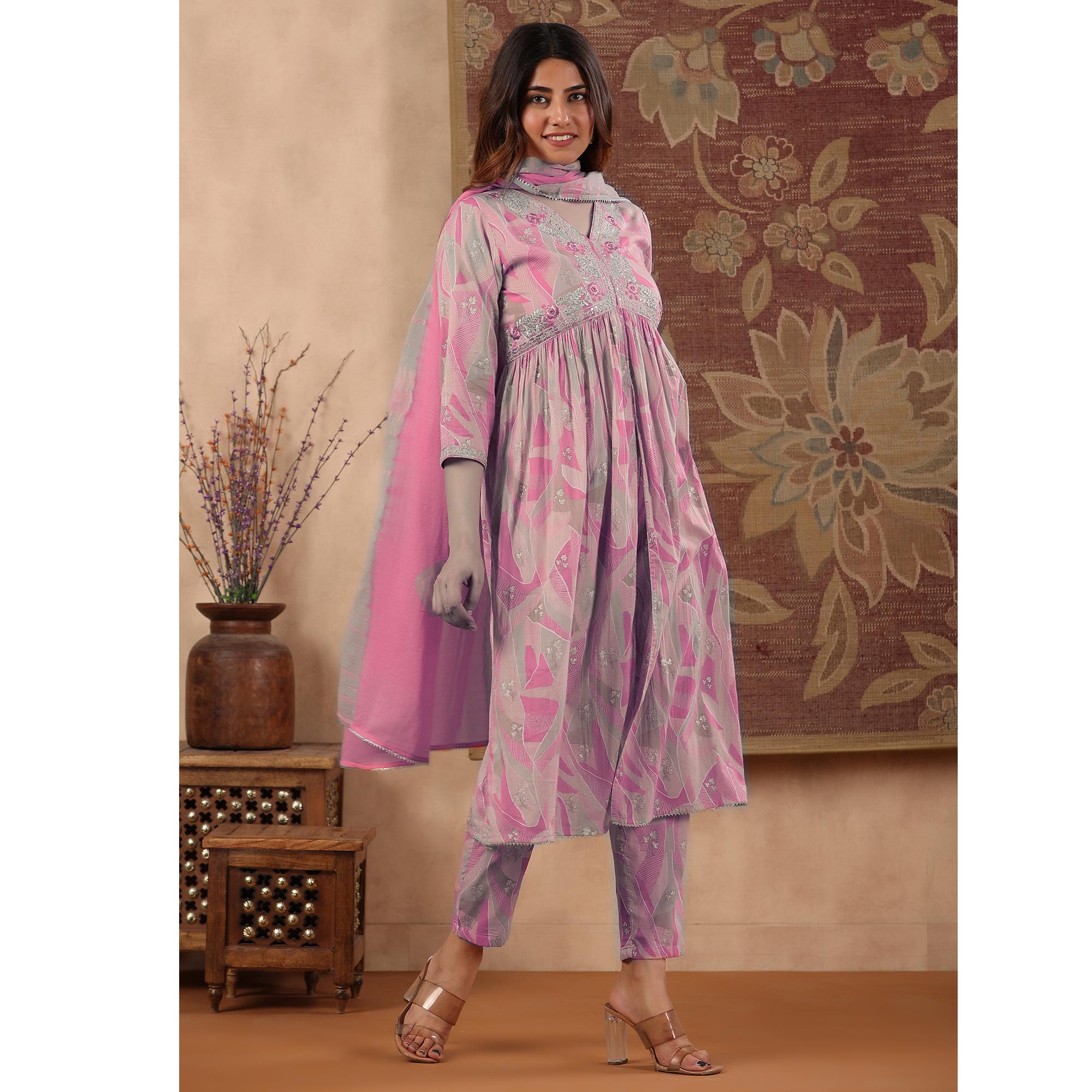 Pink Floral Printed With Embroidered Pure Cotton Suit