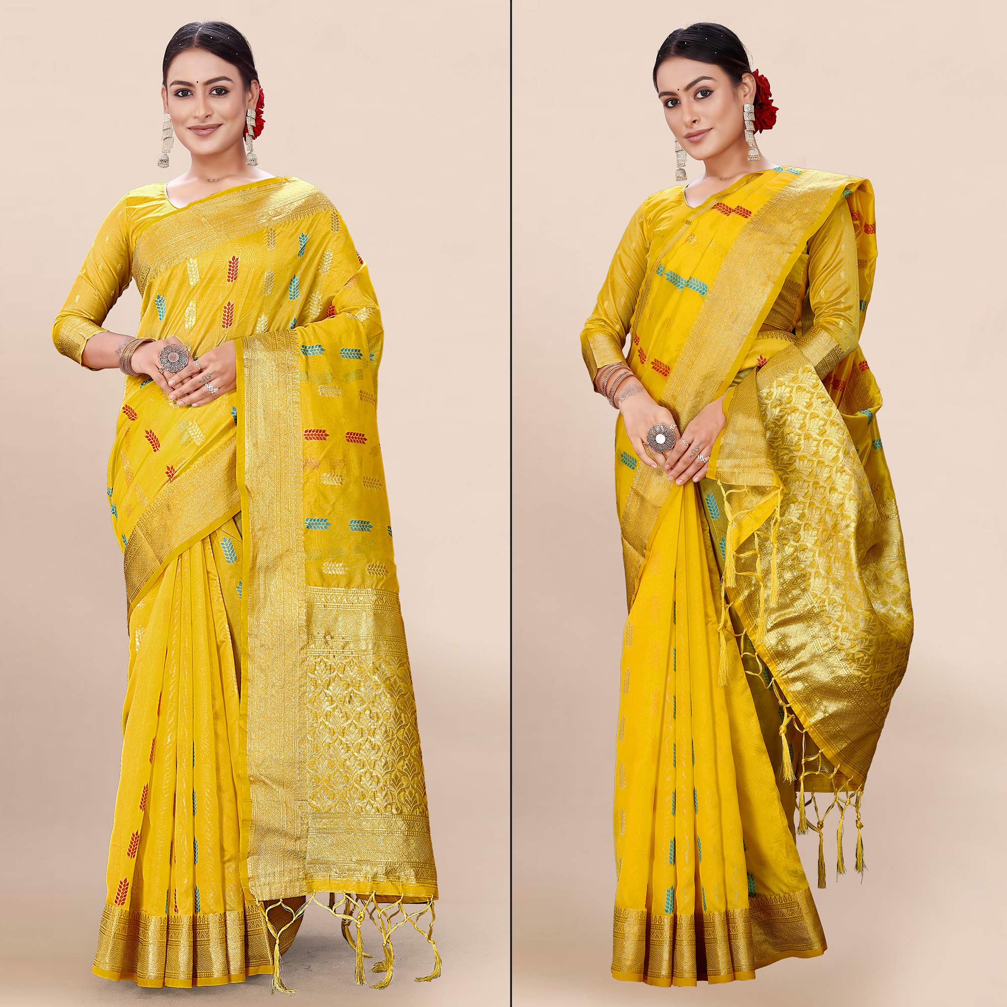 Yellow Woven Organza Saree With Tassels