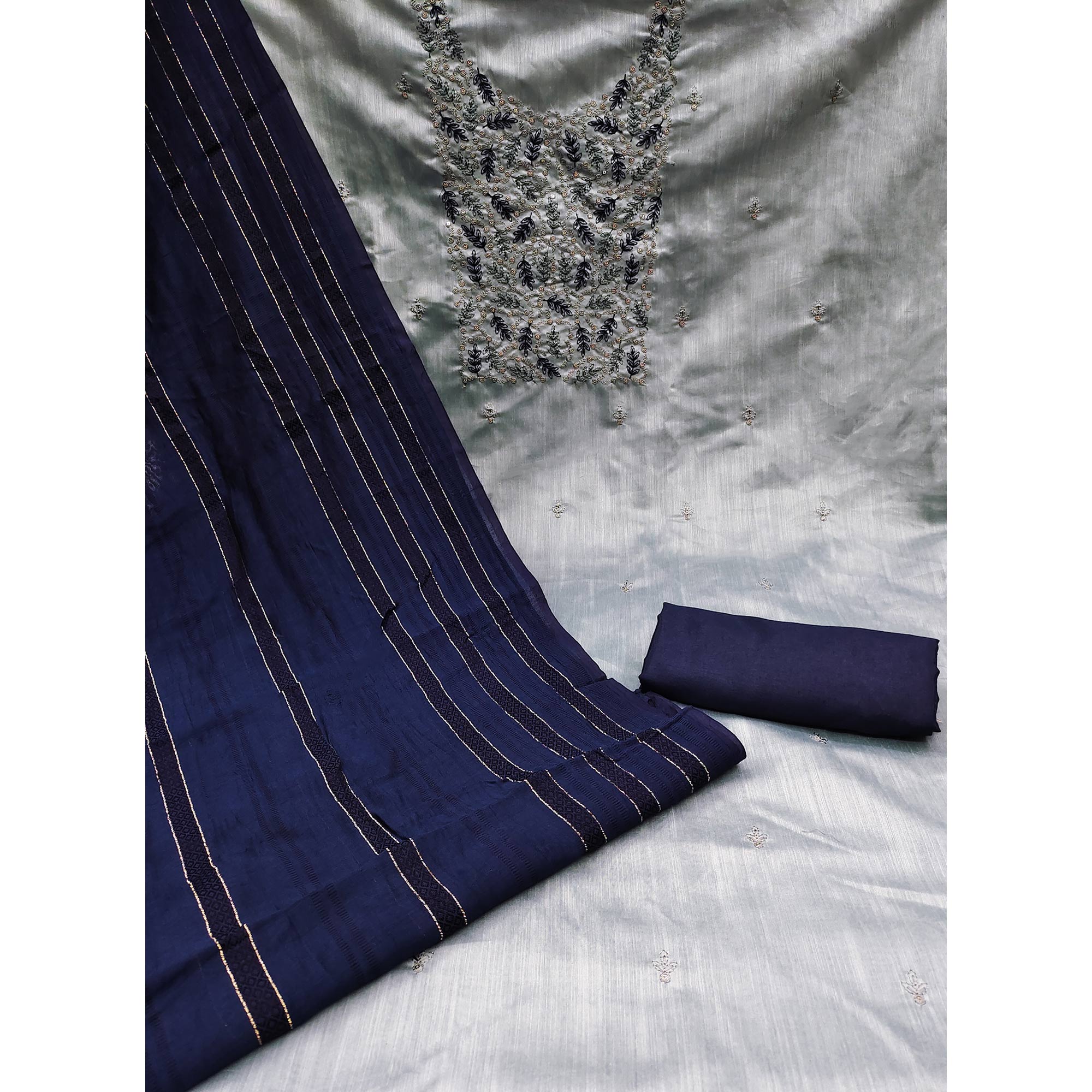 Grey Floral Embroidered Cotton Silk Dress Material