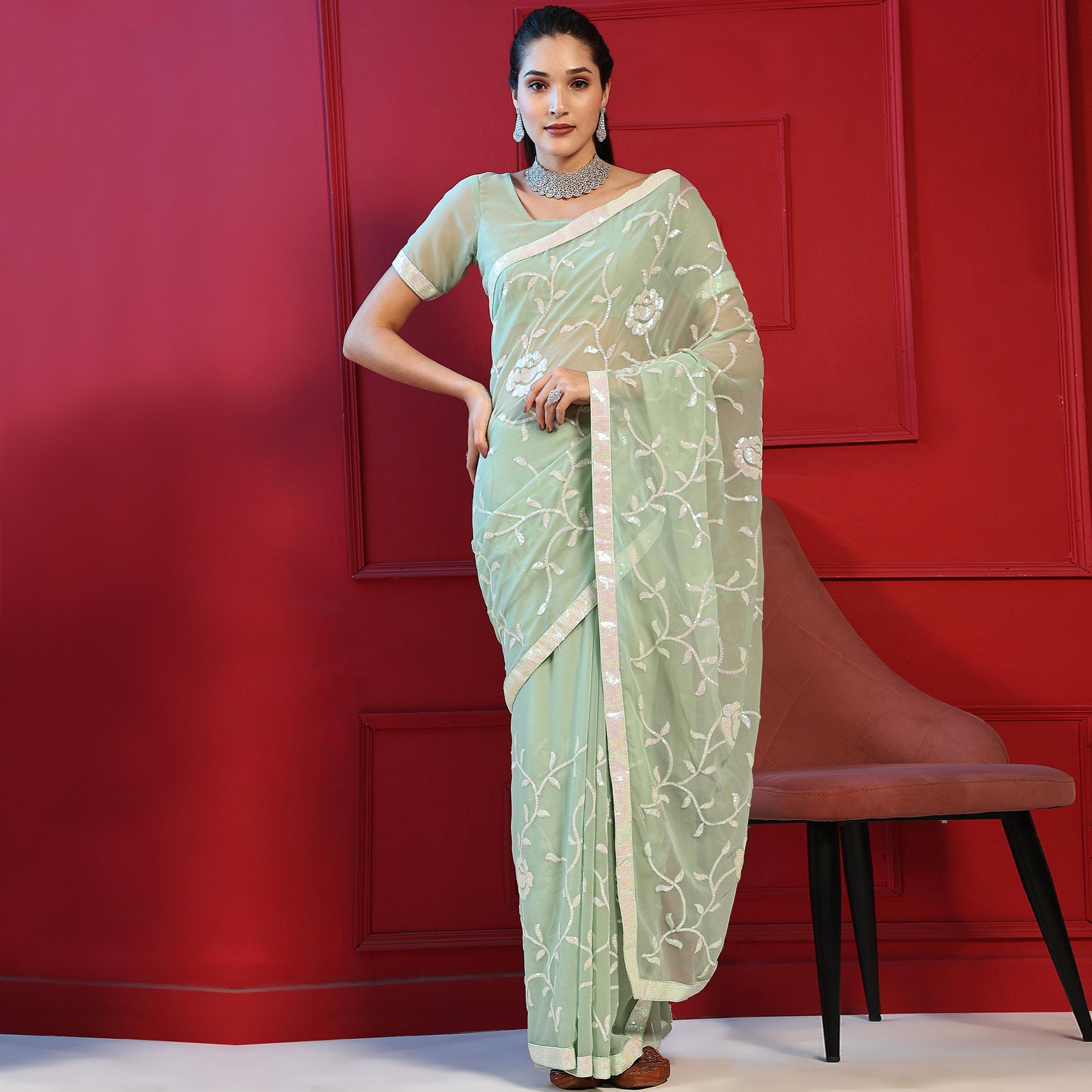 Green Sequins Embroidered Georgette Saree