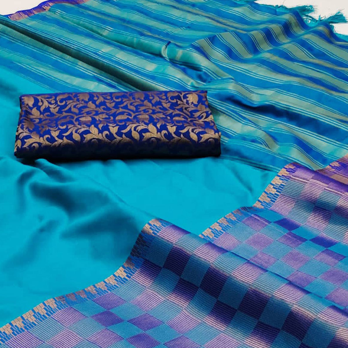 Firozi Woven Cotton Silk Saree With Tassels