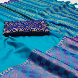 Firozi Woven Cotton Silk Saree With Tassels