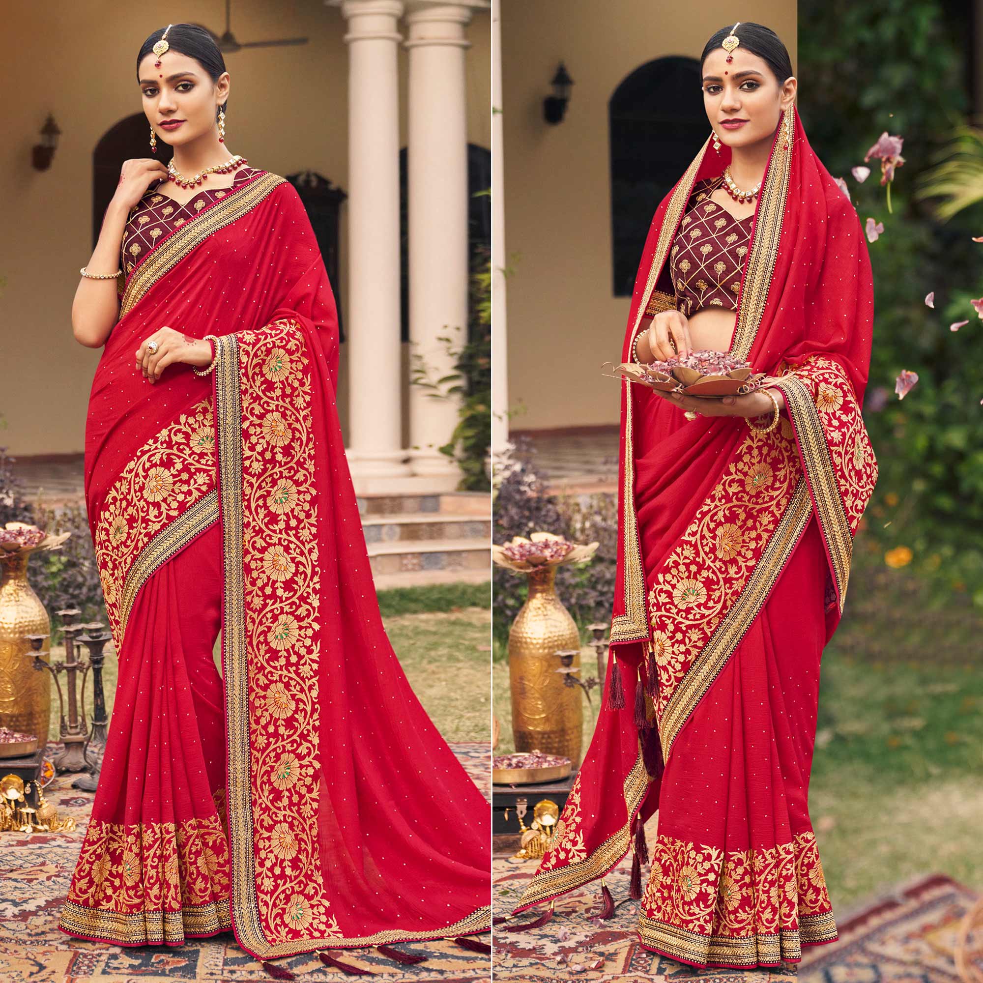 Red Embroidered With Stone Work Vichitra Silk Saree