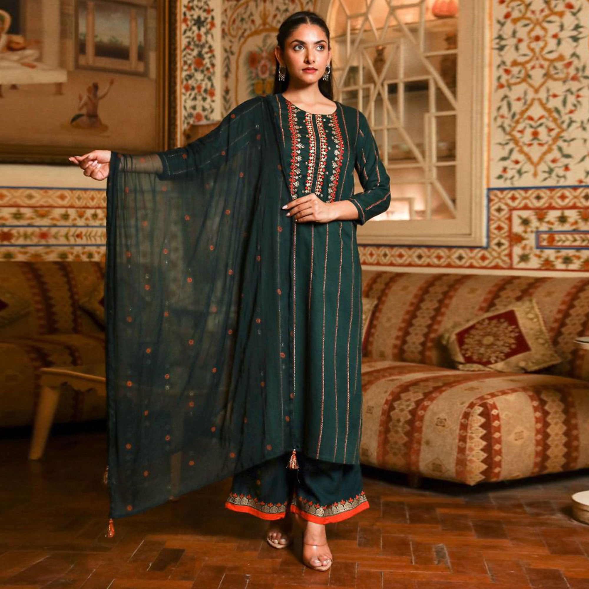Green Printed With Embroidered Rayon Palazzo Suit