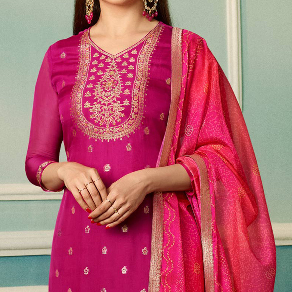 Pink Floral Woven Organza Salwar Suit