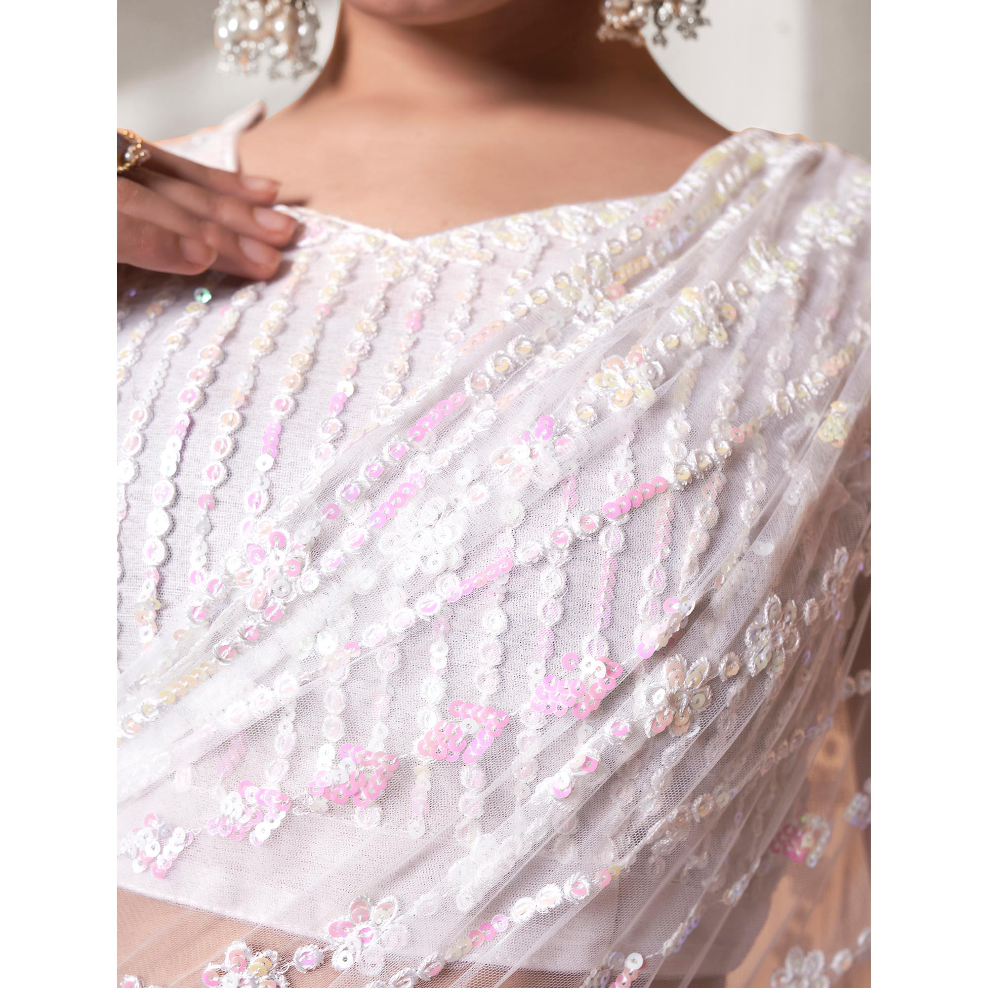 White Sequins Floral Embroidered Soft Net Saree