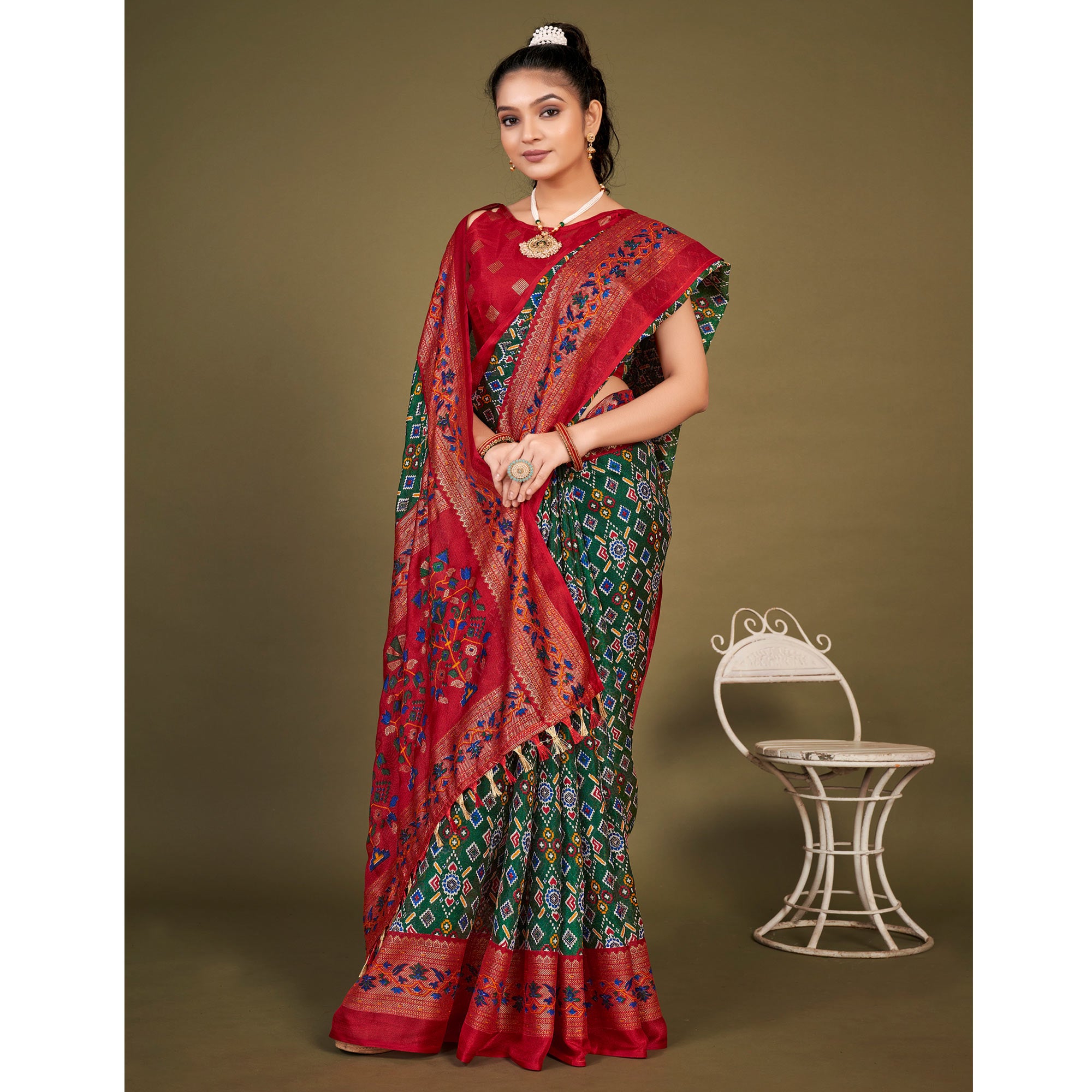 Green Printed Jute Patola Saree With Tassels