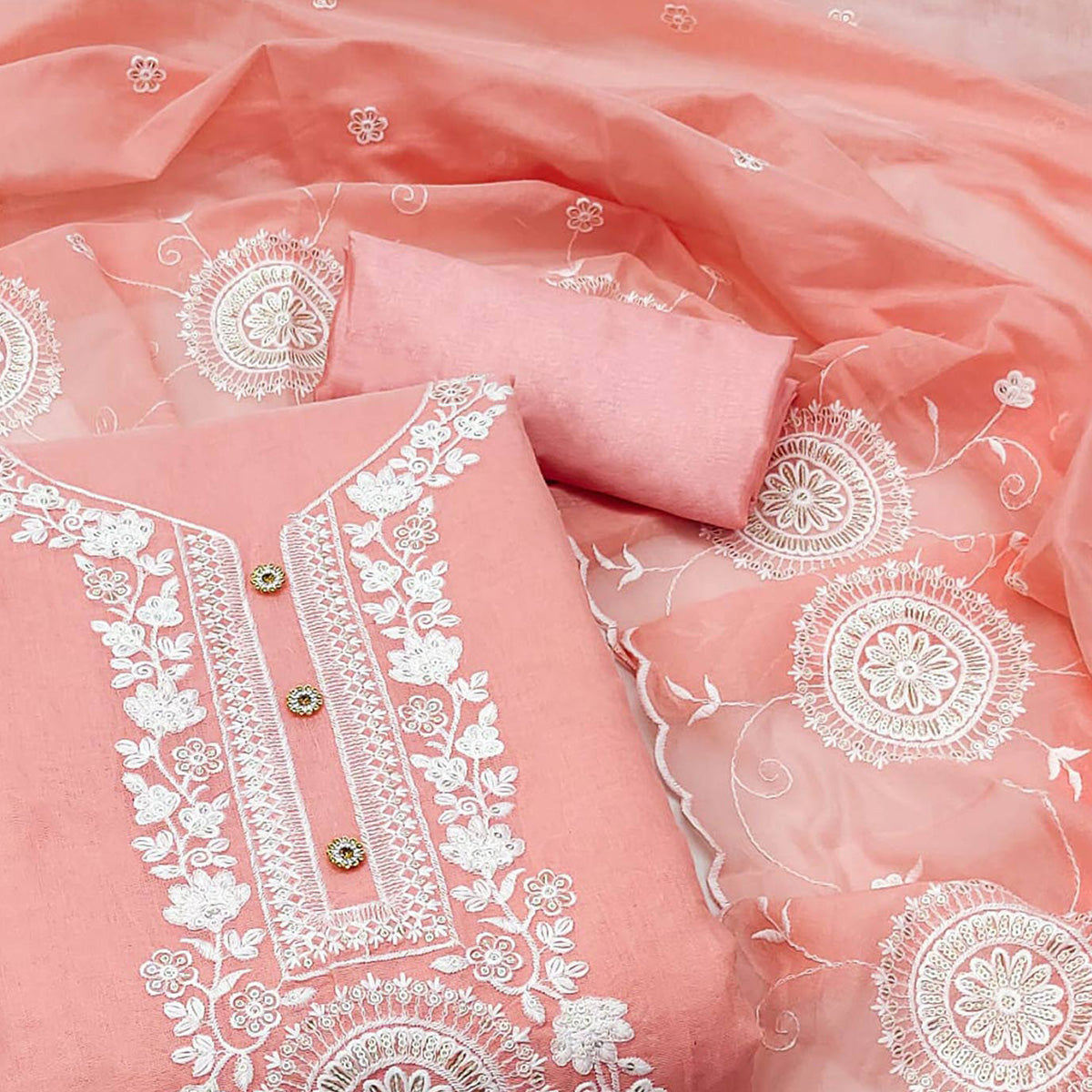 Peach Floral Embroidered Chanderi Dress Material