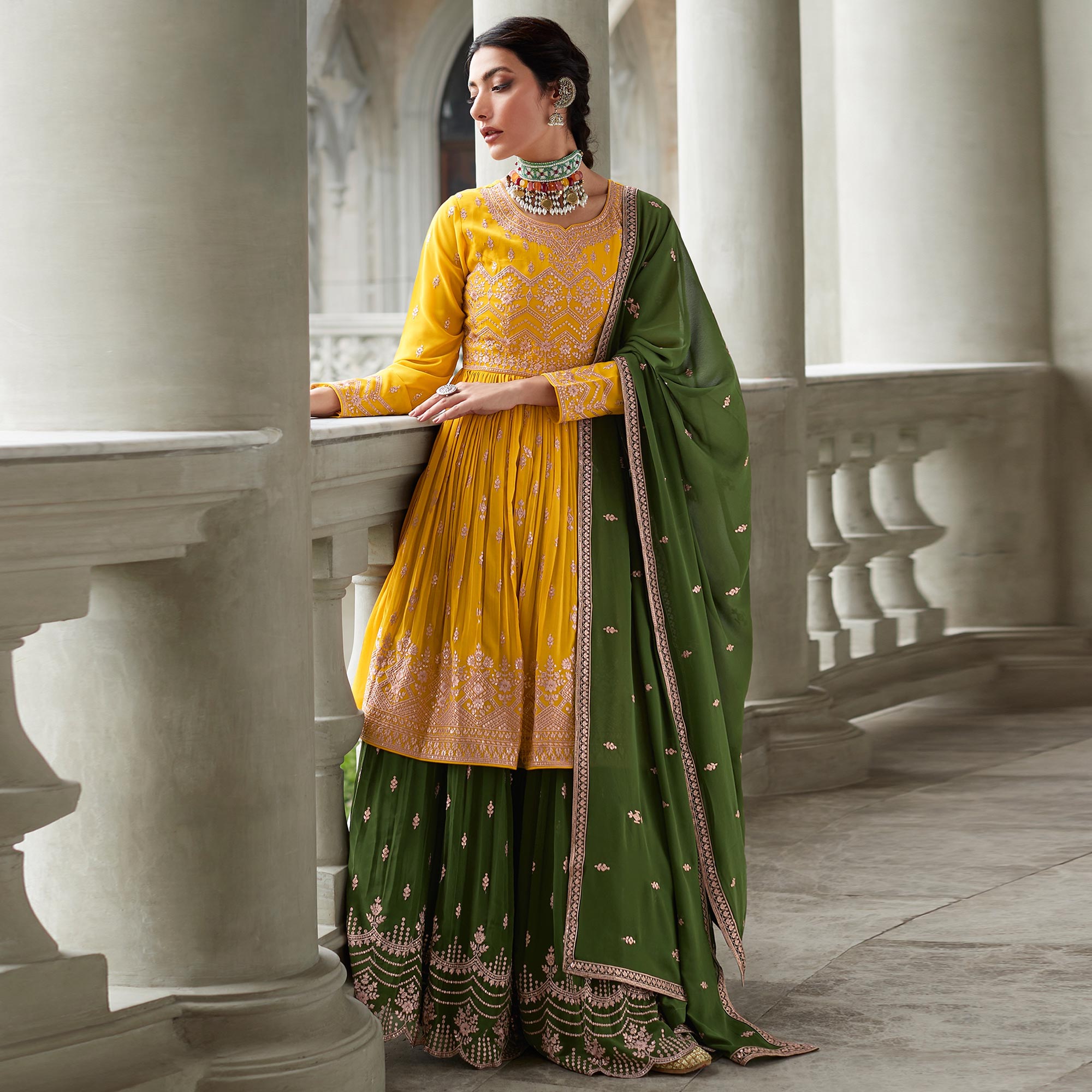 Yellow Floral Sequins Embroidered Georgette Sharara Suit