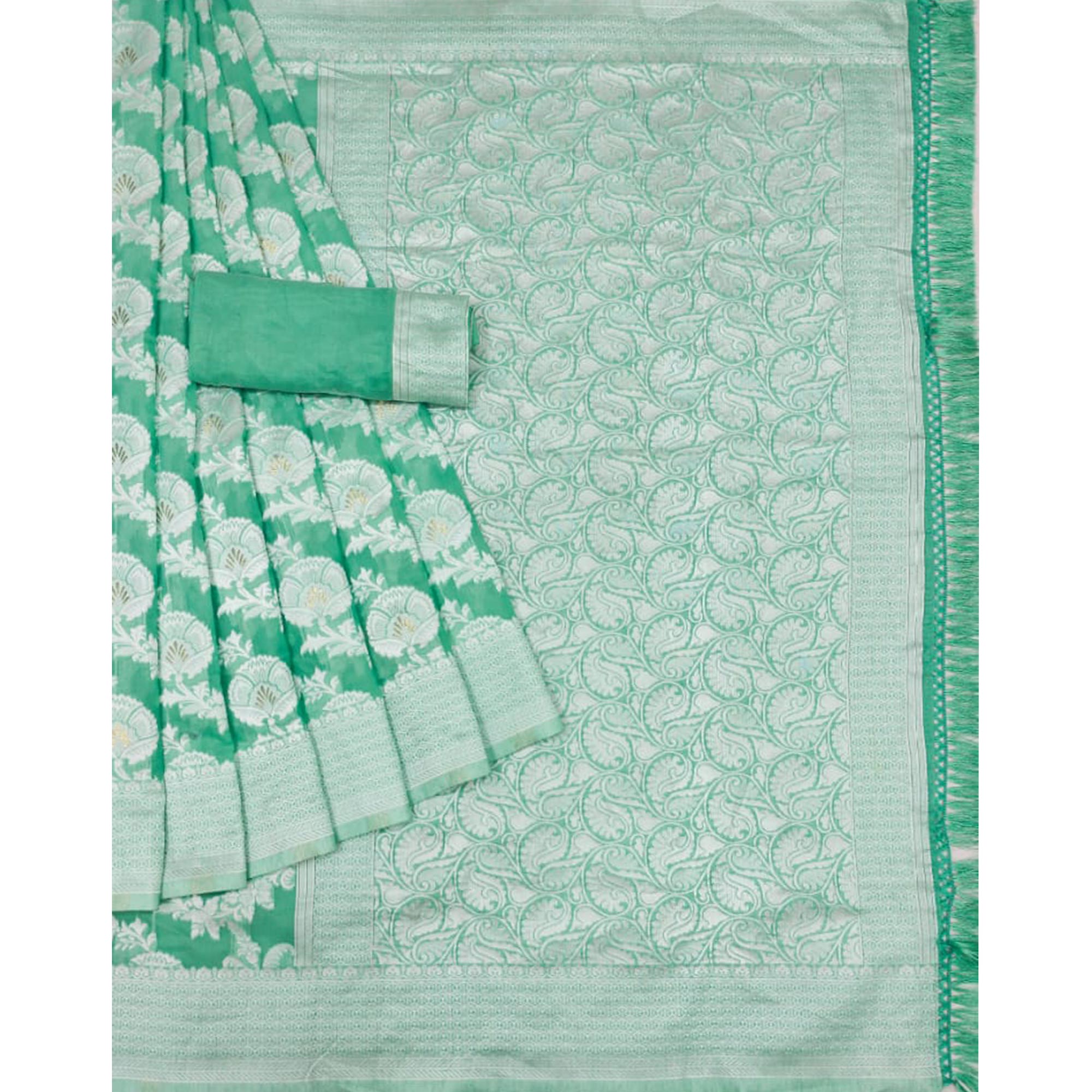 Sea Green Woven Cotton Blend Saree With Tassels