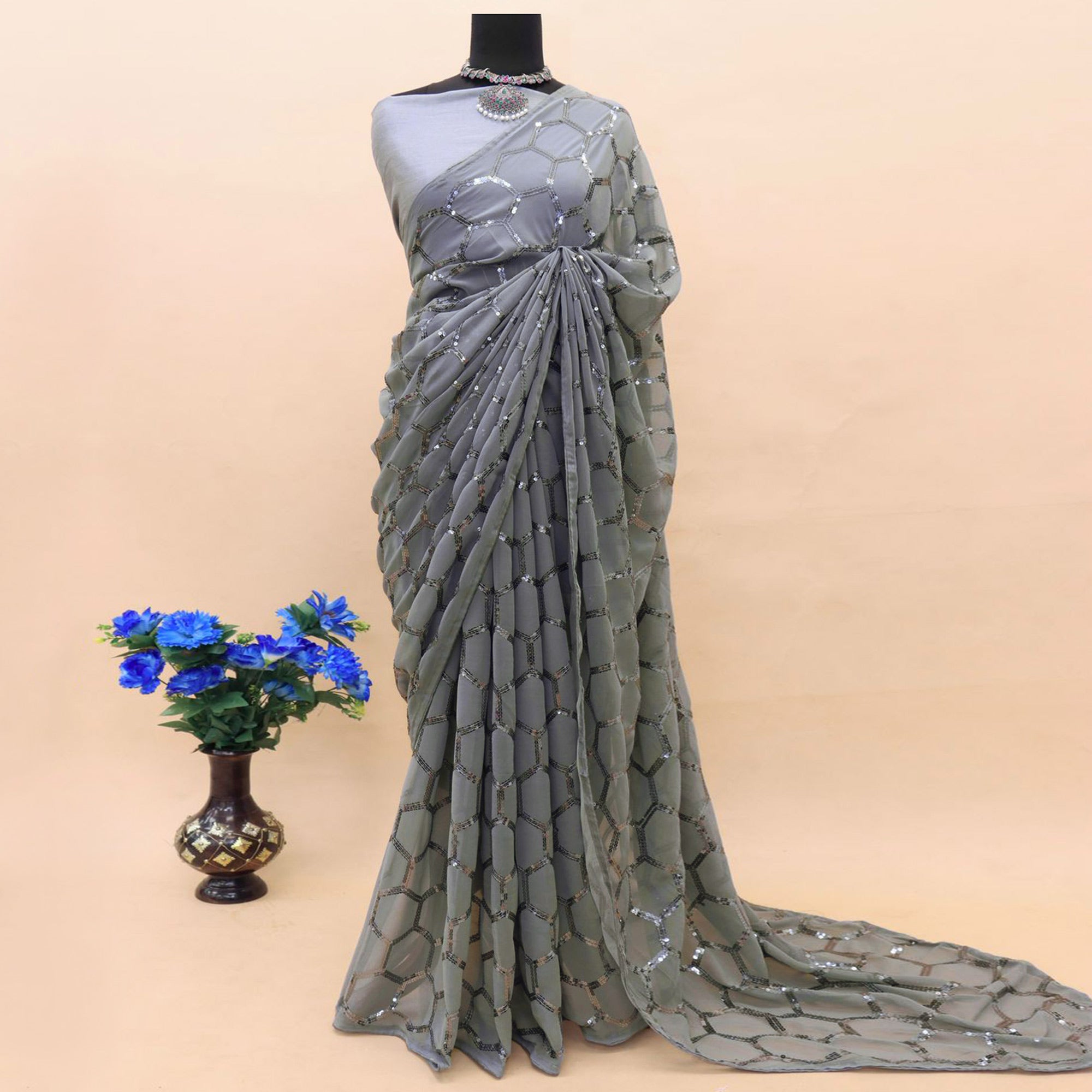 Grey Sequins Embroidered Georgette Saree