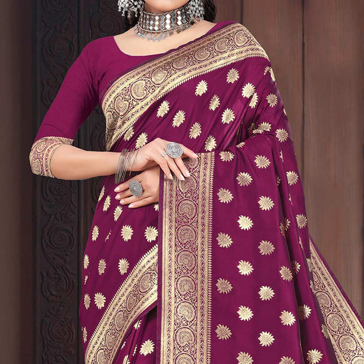 Wine Woven Banarasi Silk Saree
