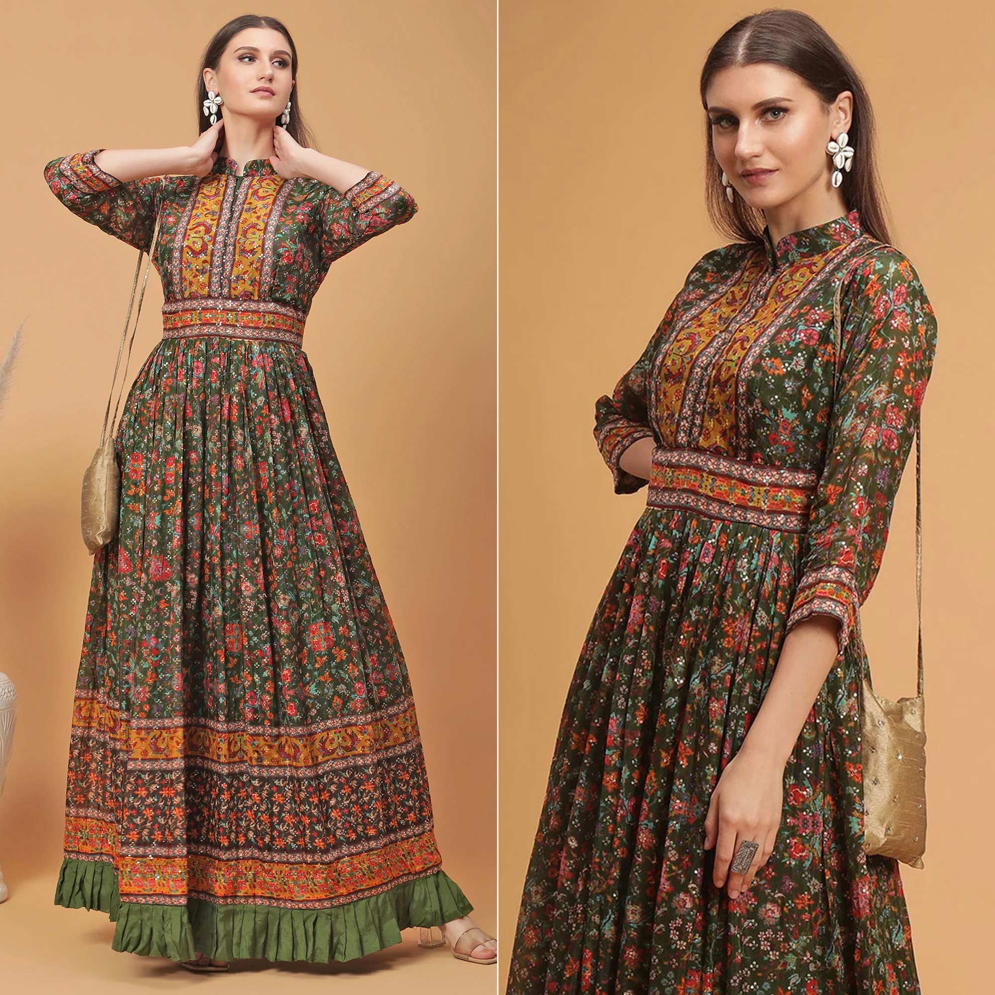 Olive Green Digital Printed Dola Silk Gown