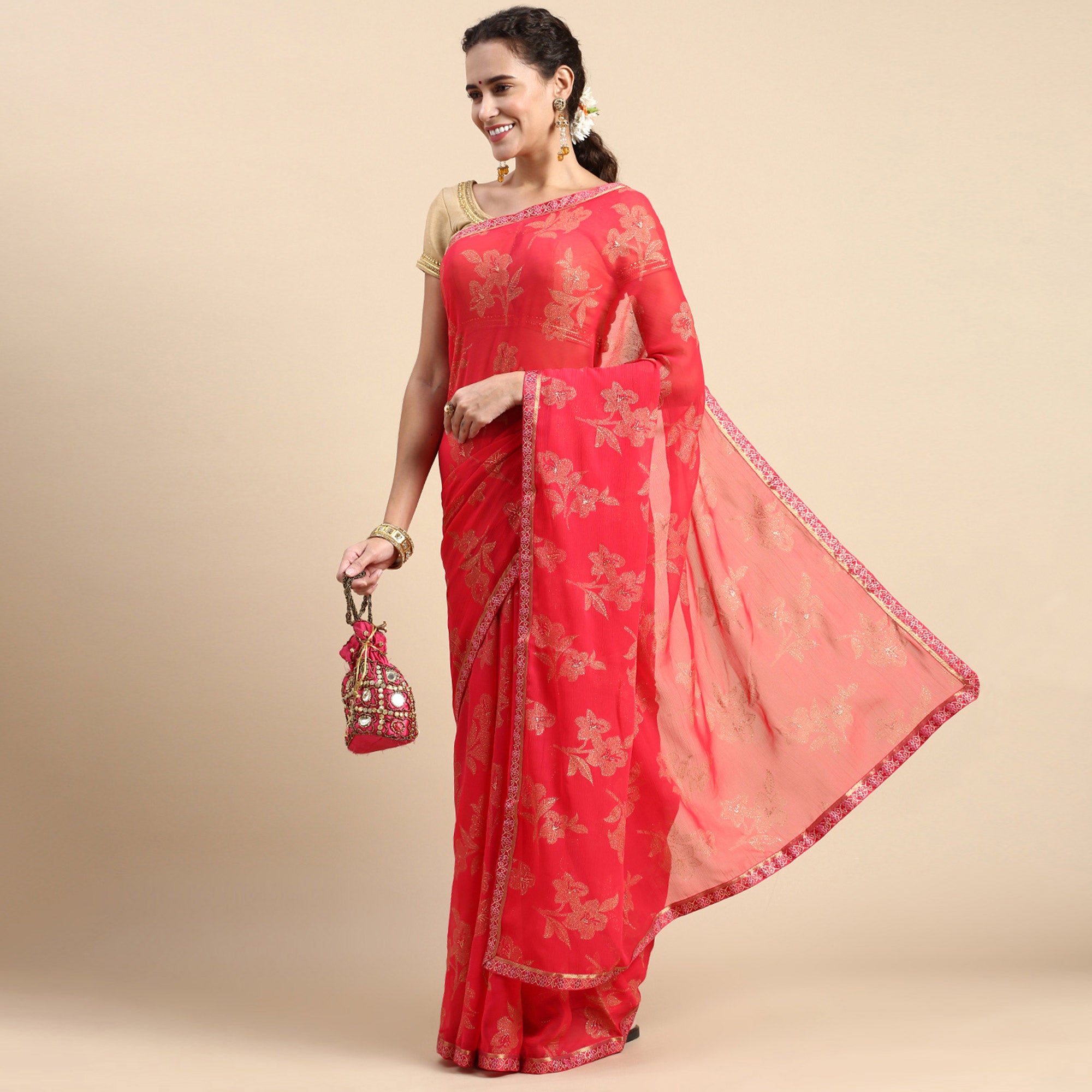 Pink Floral Foil Printed Zomato Saree