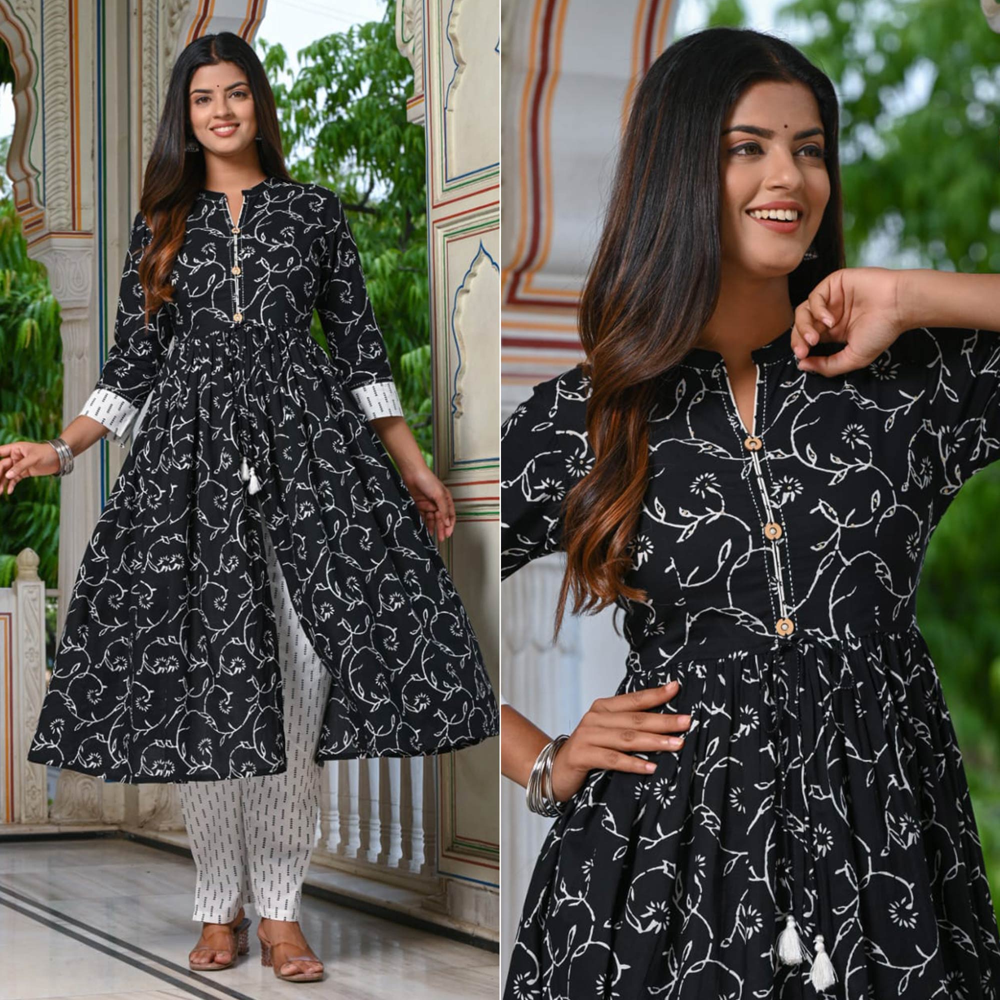 Black Floral Printed Pure Cotton Kurti Pant Set