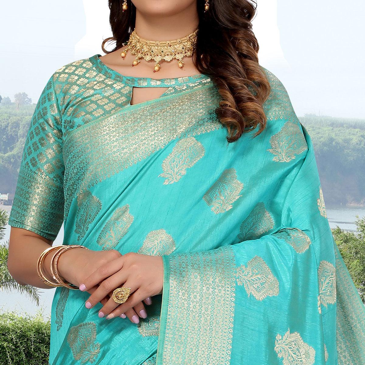 Firoji Blue Festive Wear Woven Art Silk Saree - Peachmode