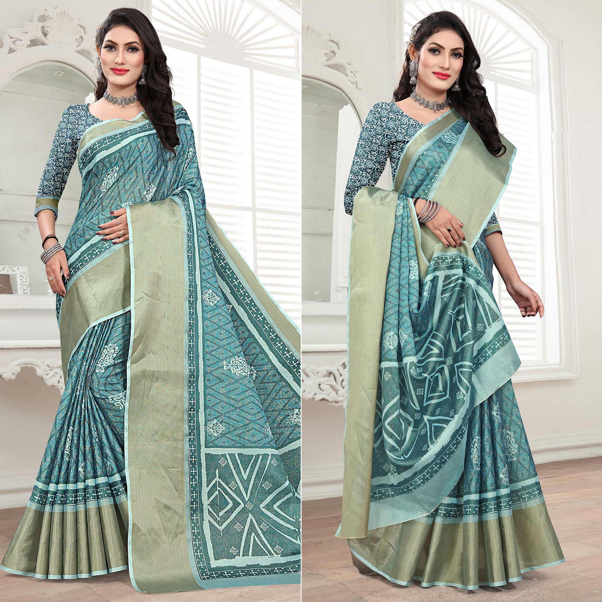 Firoji Casual Wear Digital Printed Cotton Silk Saree - Peachmode
