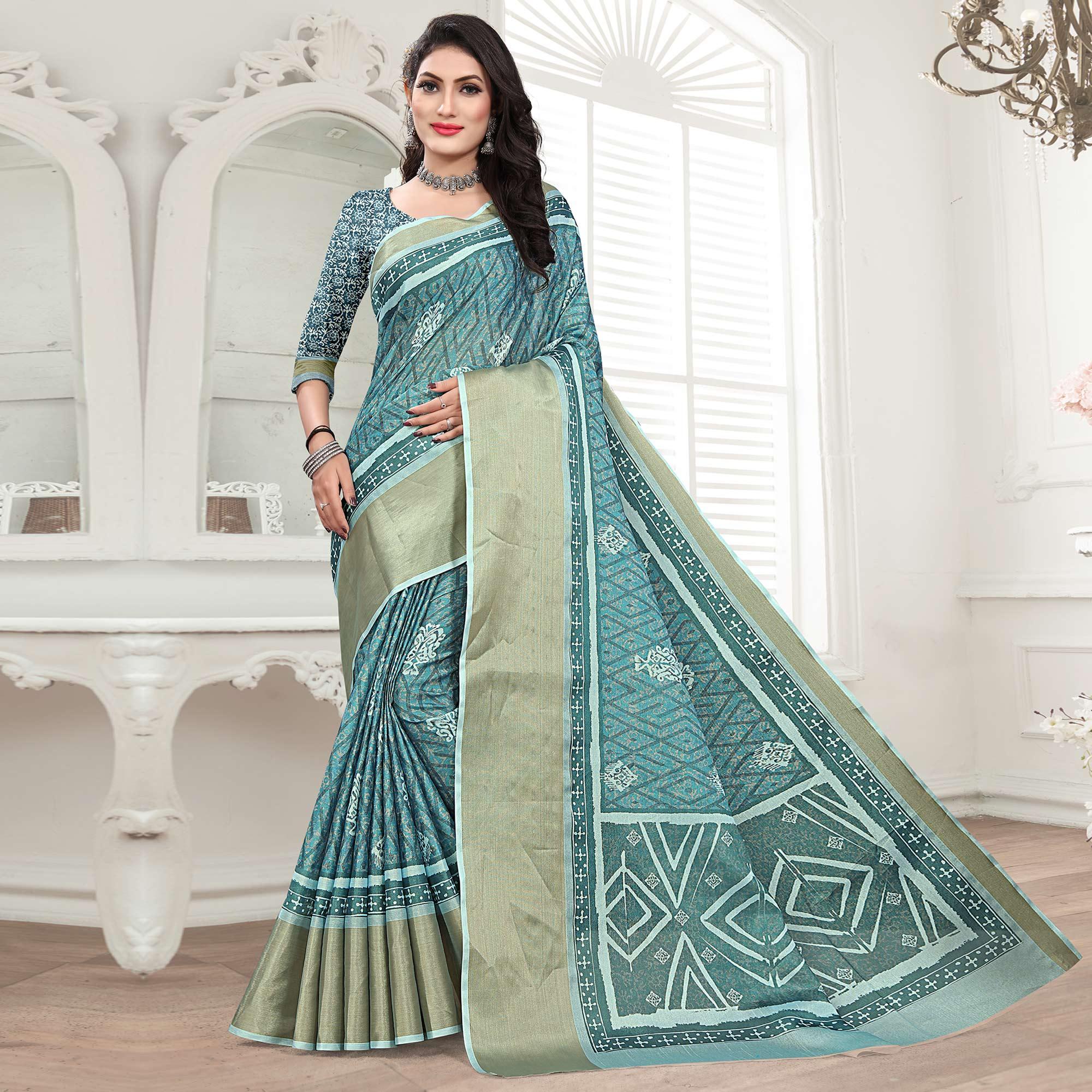 Firoji Casual Wear Digital Printed Cotton Silk Saree - Peachmode