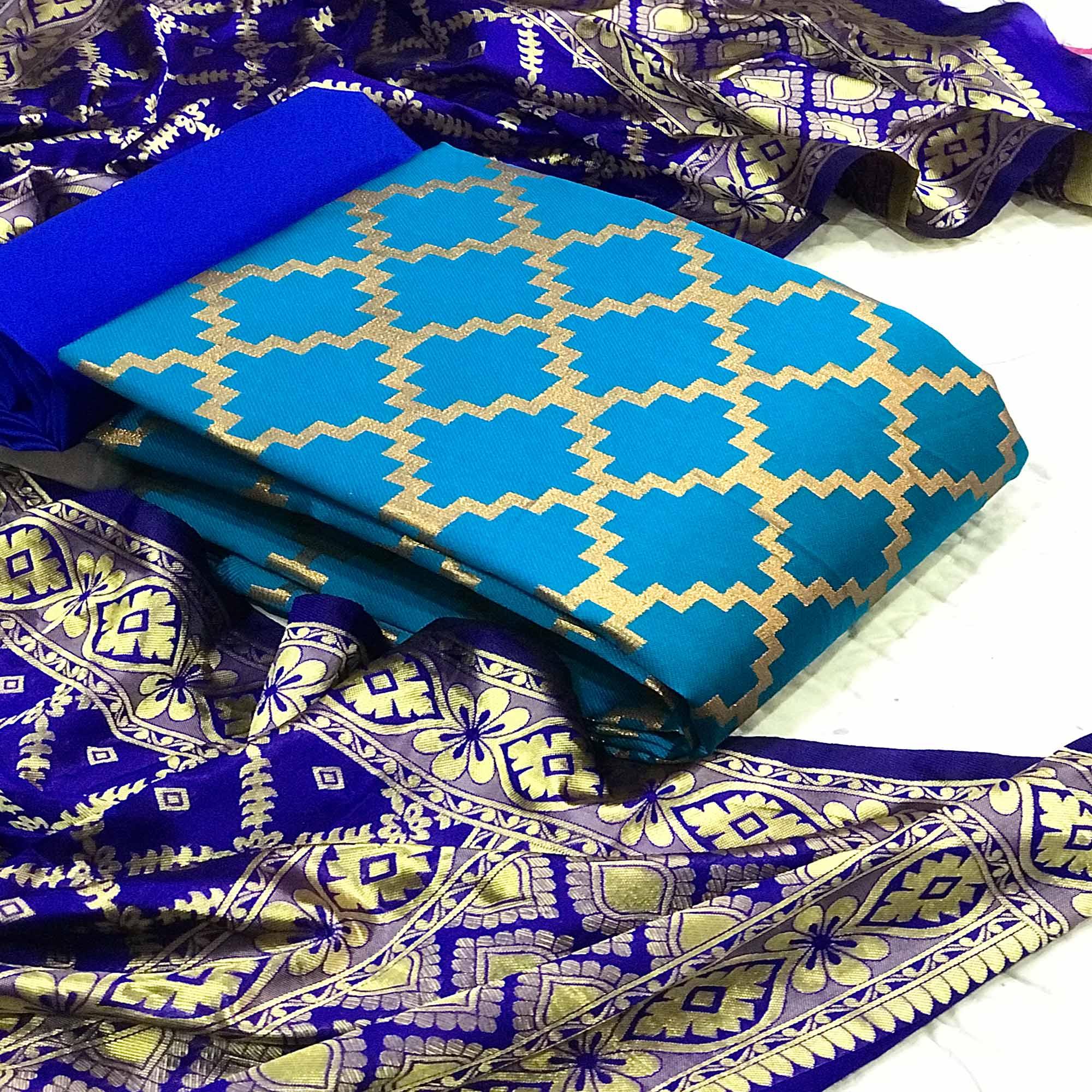 Firoji Casual Wear Embroidered Banarasi Silk Dress Material - Peachmode