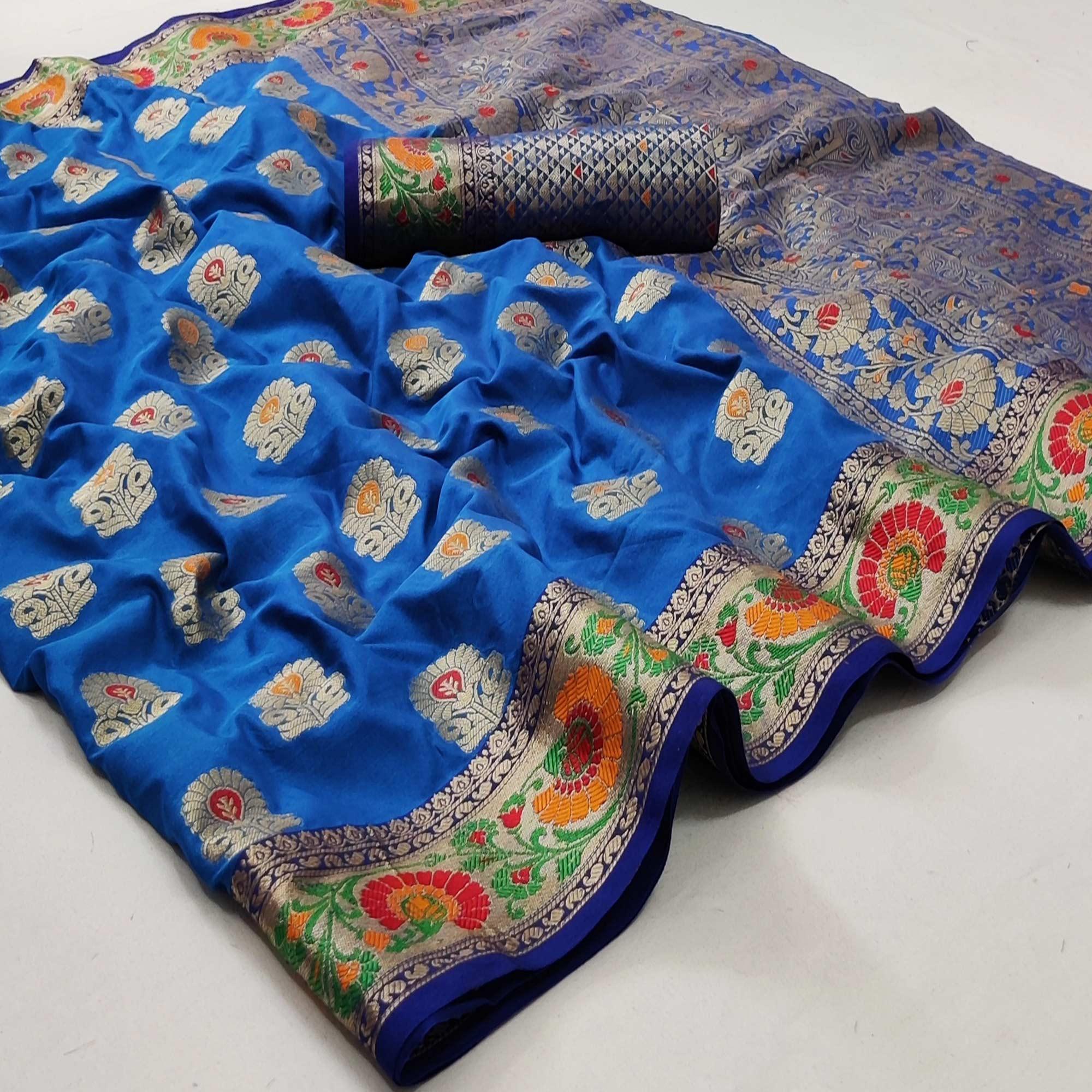 Firoji Festive Wear Floral Woven Soft Silk Saree - Peachmode