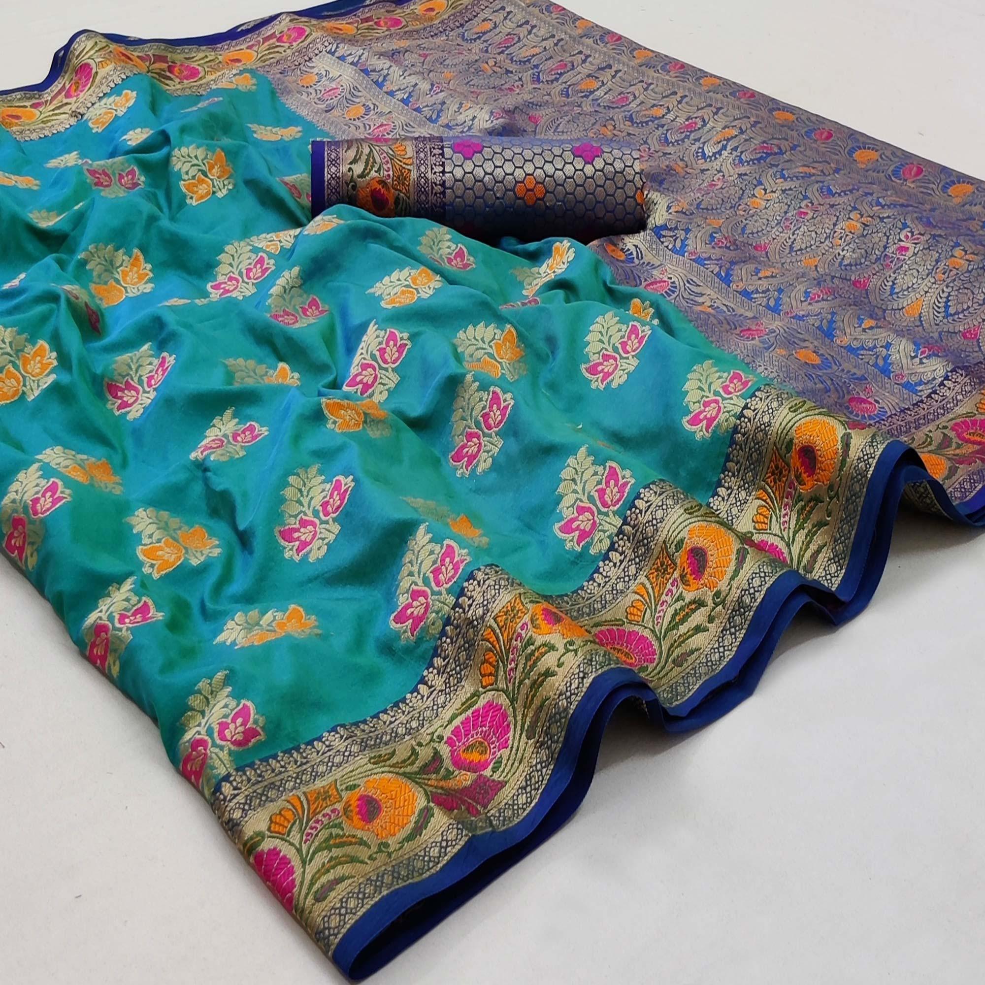 Firoji Festive Wear Floral Woven Soft Silk Saree - Peachmode