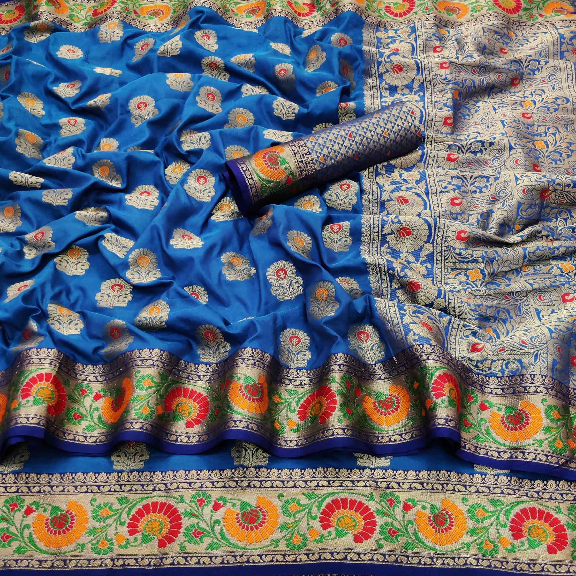 Firoji Festive Wear Floral Woven Soft Silk Saree - Peachmode