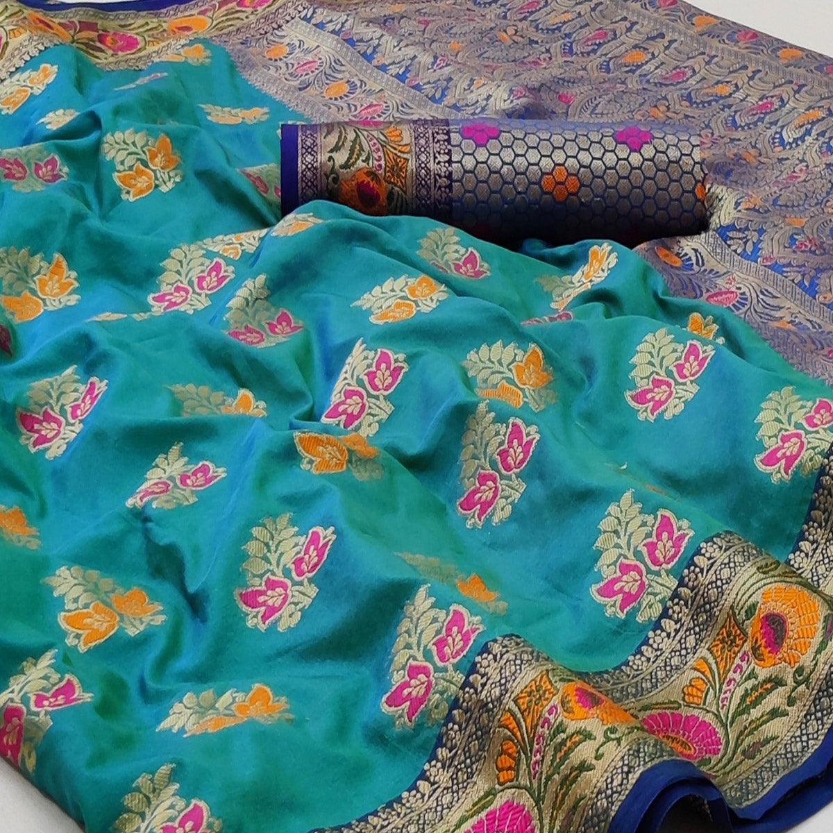 Firoji Festive Wear Floral Woven Soft Silk Saree - Peachmode