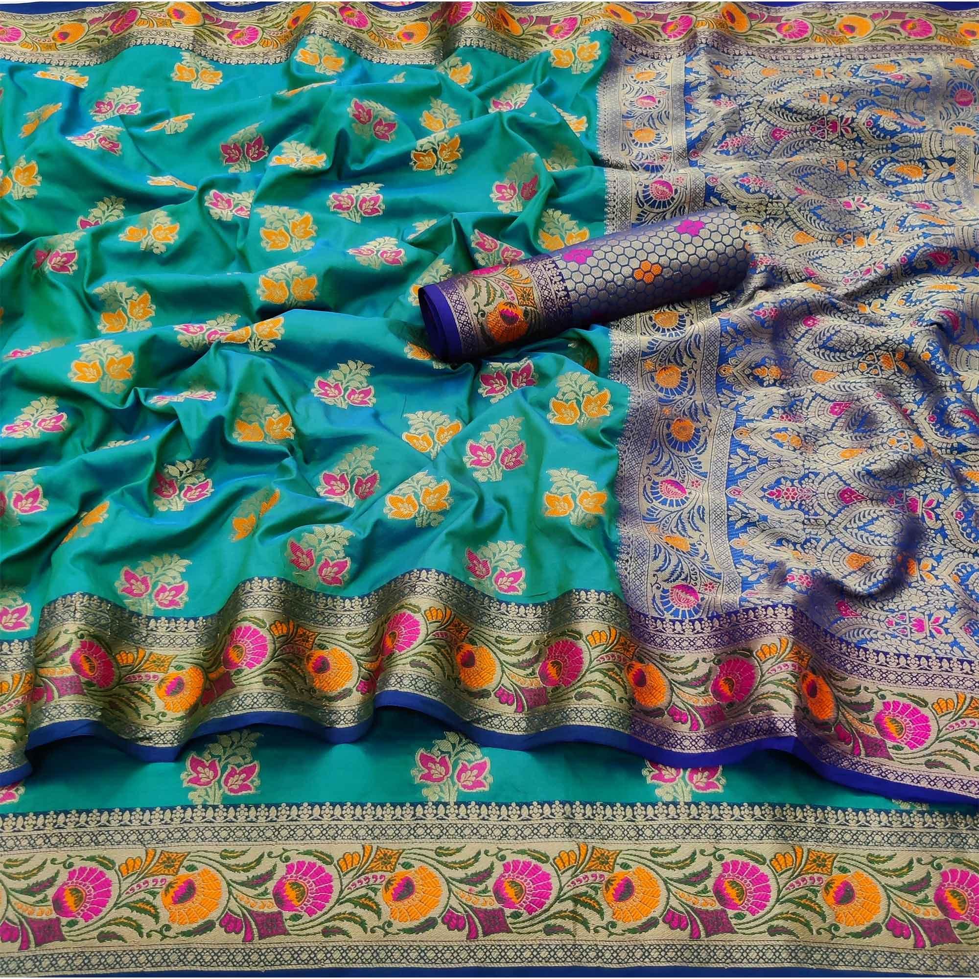 Firoji Festive Wear Floral Woven Soft Silk Saree - Peachmode