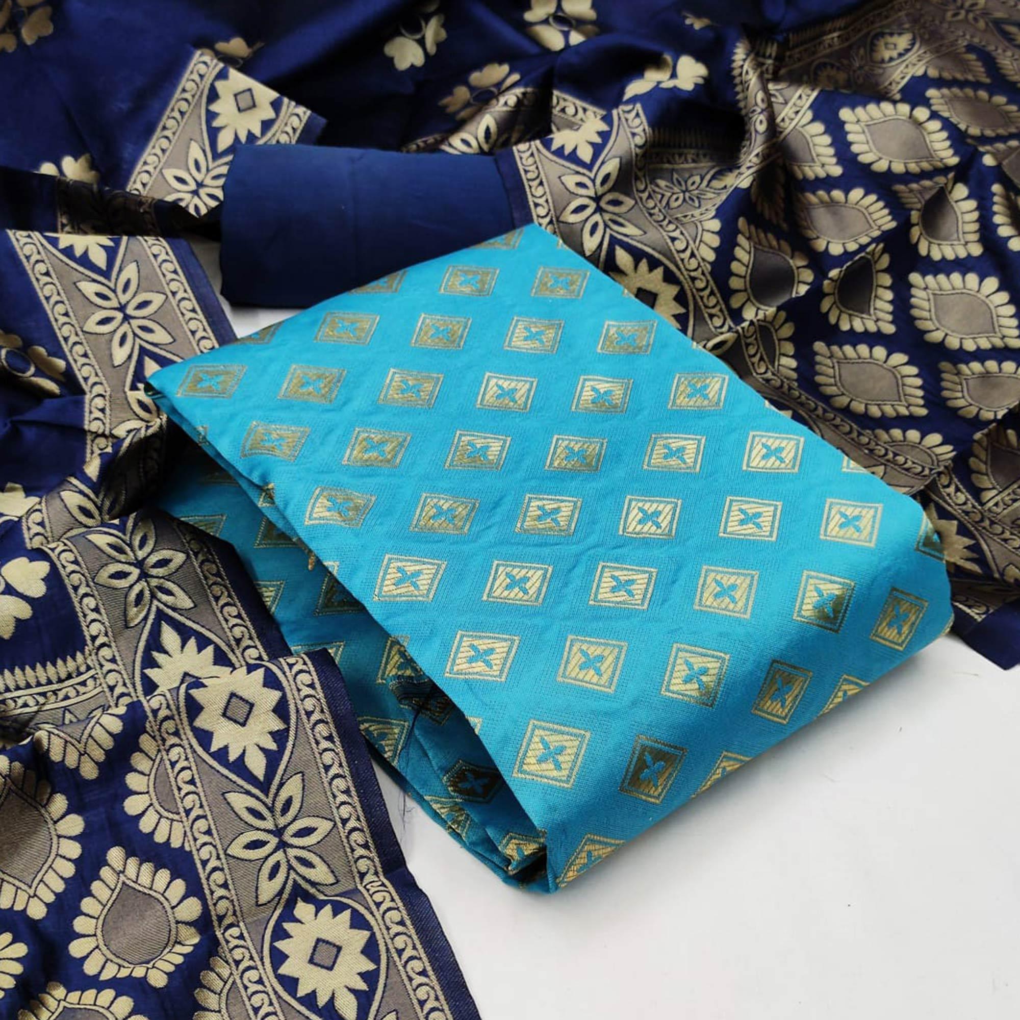 Firoji Festive Wear Woven Banarasi Silk Dress Material - Peachmode