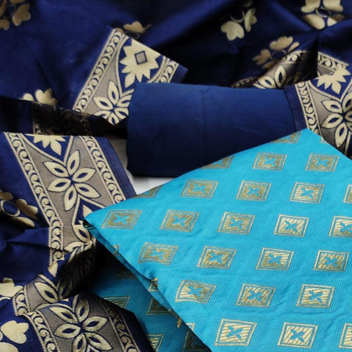 Firoji Festive Wear Woven Banarasi Silk Dress Material - Peachmode