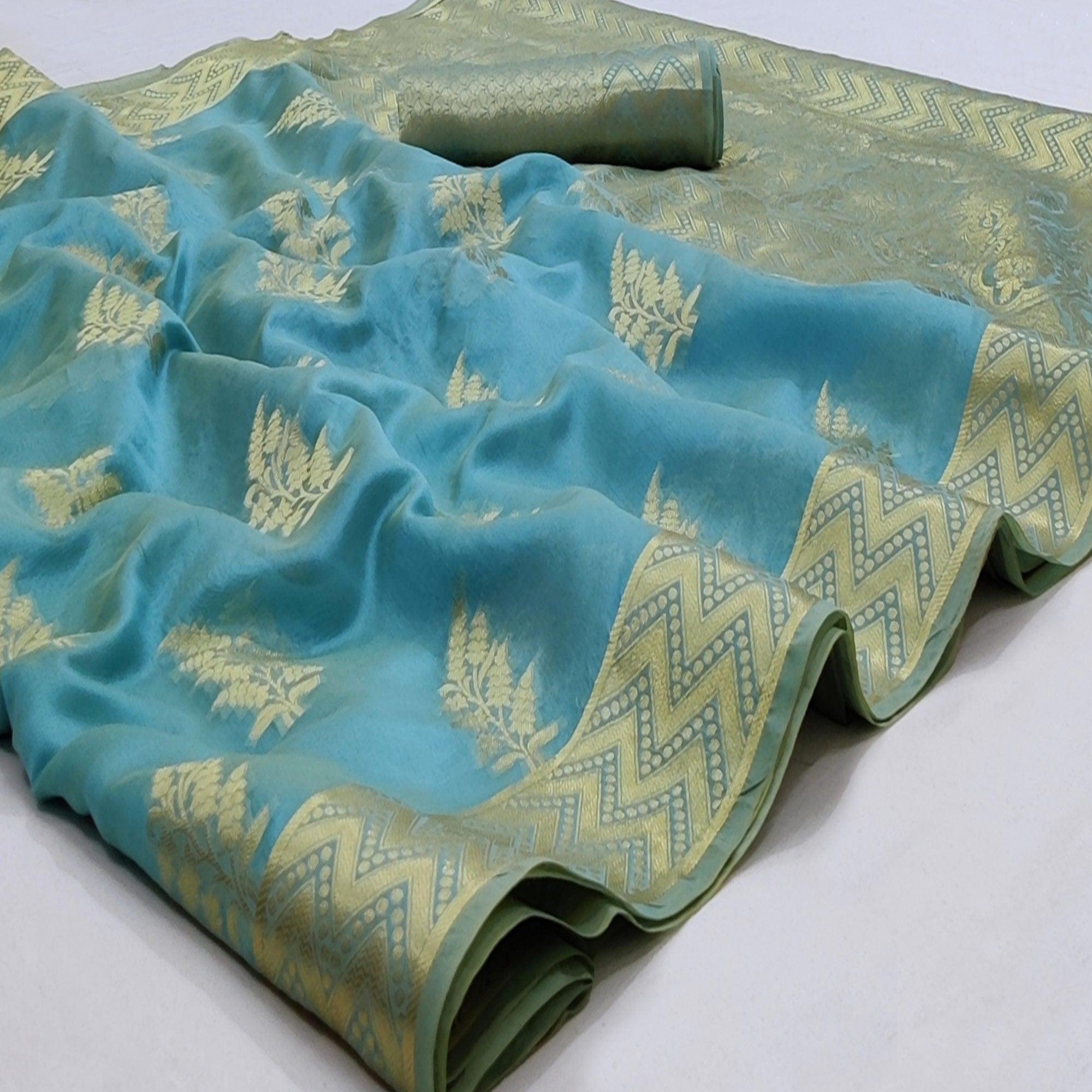 Firoji Festive Wear Woven Soft Organza Saree - Peachmode