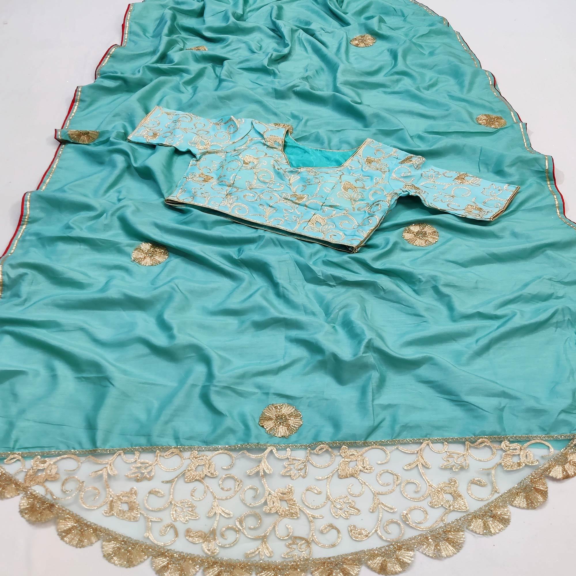 Firoji Partywear Mukeish Embroidery Dola Silk Saree - Peachmode