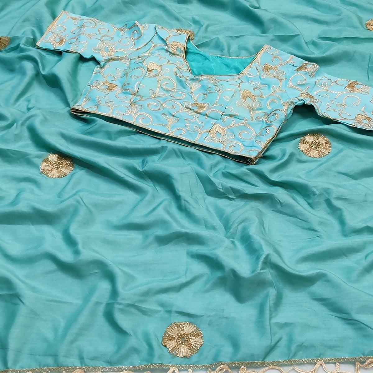 Firoji Partywear Mukeish Embroidery Dola Silk Saree - Peachmode