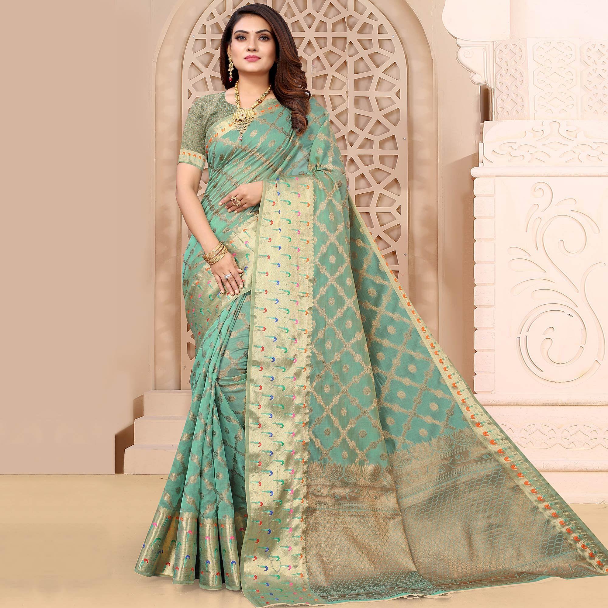 Firoji Woven Organza Saree - Peachmode