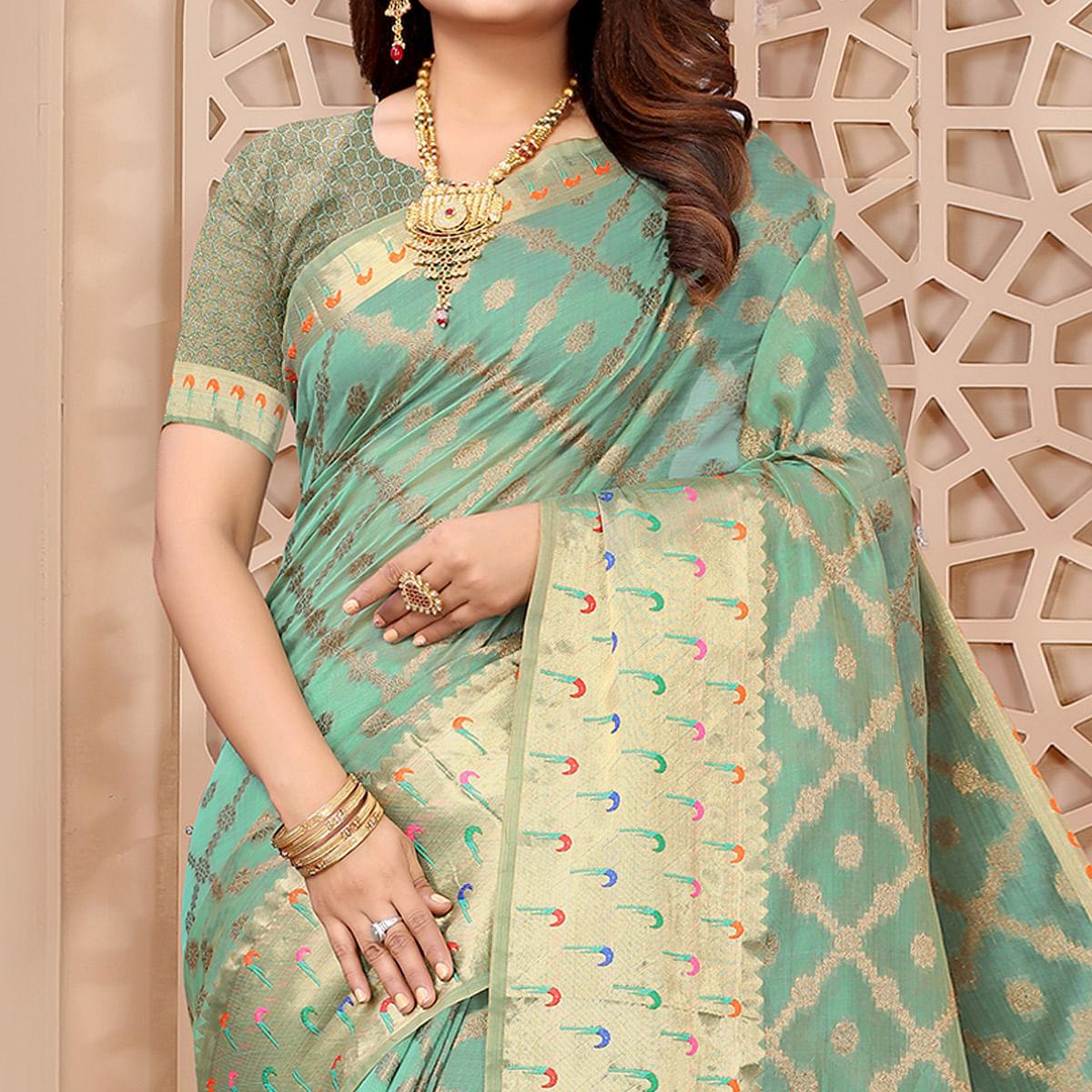 Firoji Woven Organza Saree - Peachmode