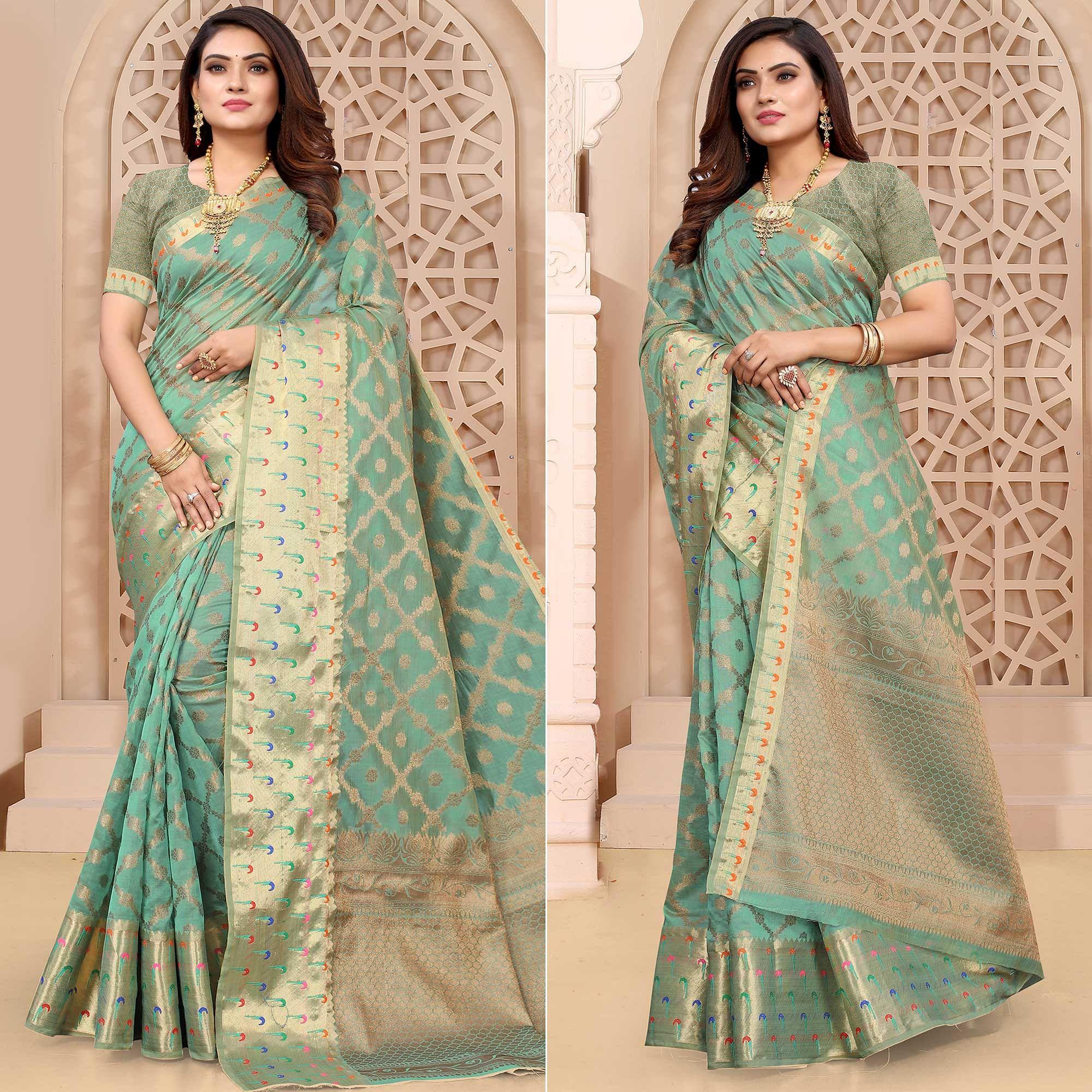Firoji Woven Organza Saree - Peachmode