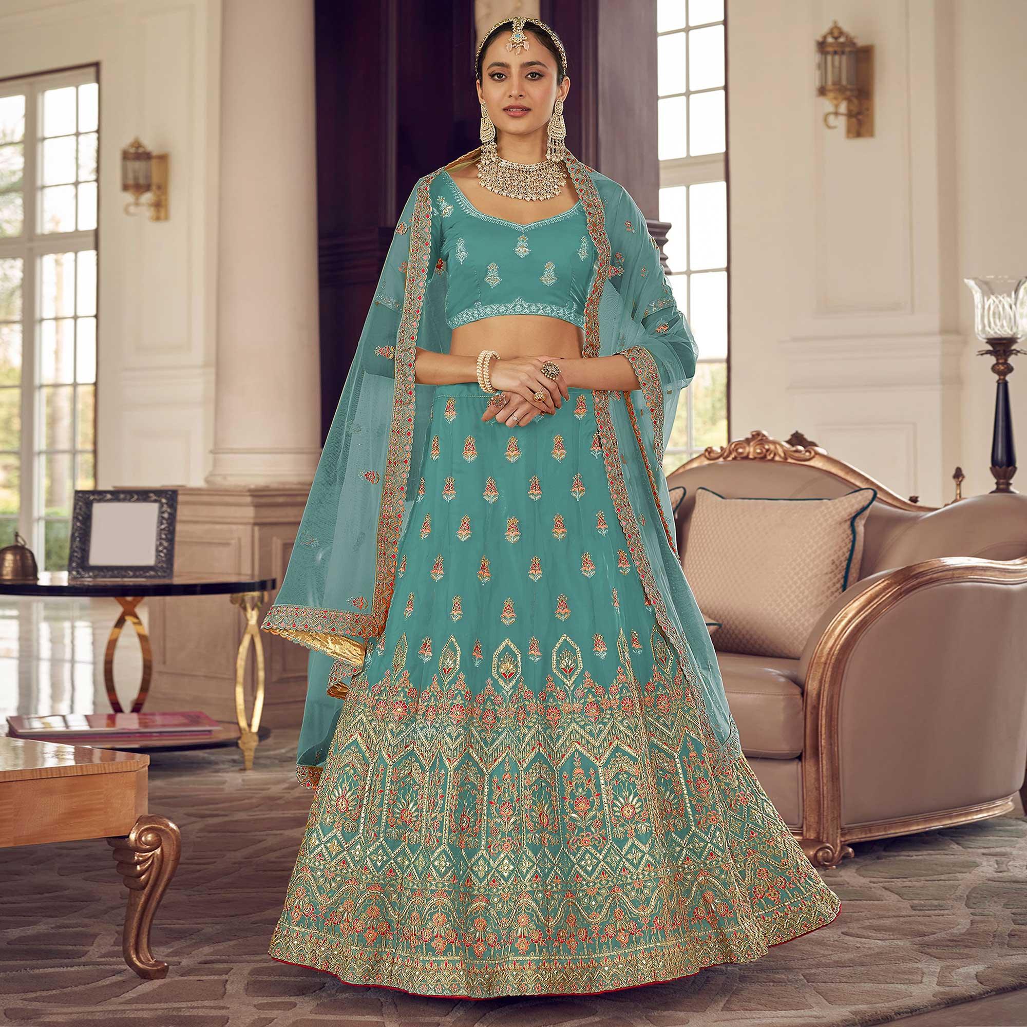 Firozi Blue Party Wear Embroidered Organza Lehenga Choli - Peachmode